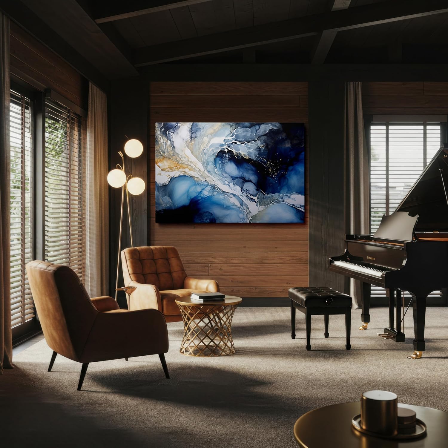 Canvas for Living Room. Rivers of Color: an Abstract Voyage in Blue, White, and Gold, 27 x 18 inch Canvas Wall Art - Contemporary Masterpieces - Modern Home Decor