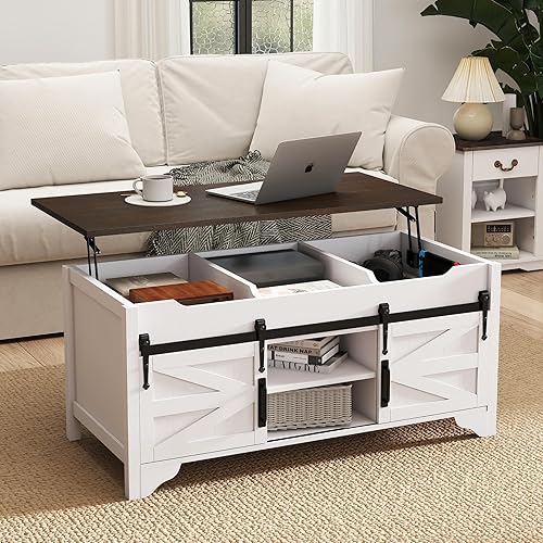 Miniatura 3 de Mesa auxiliar de 48 pulgadas de ancho con puerta corrediza de granero, mesas de café rectangulares rústicas, mesa central de madera con Blanco y