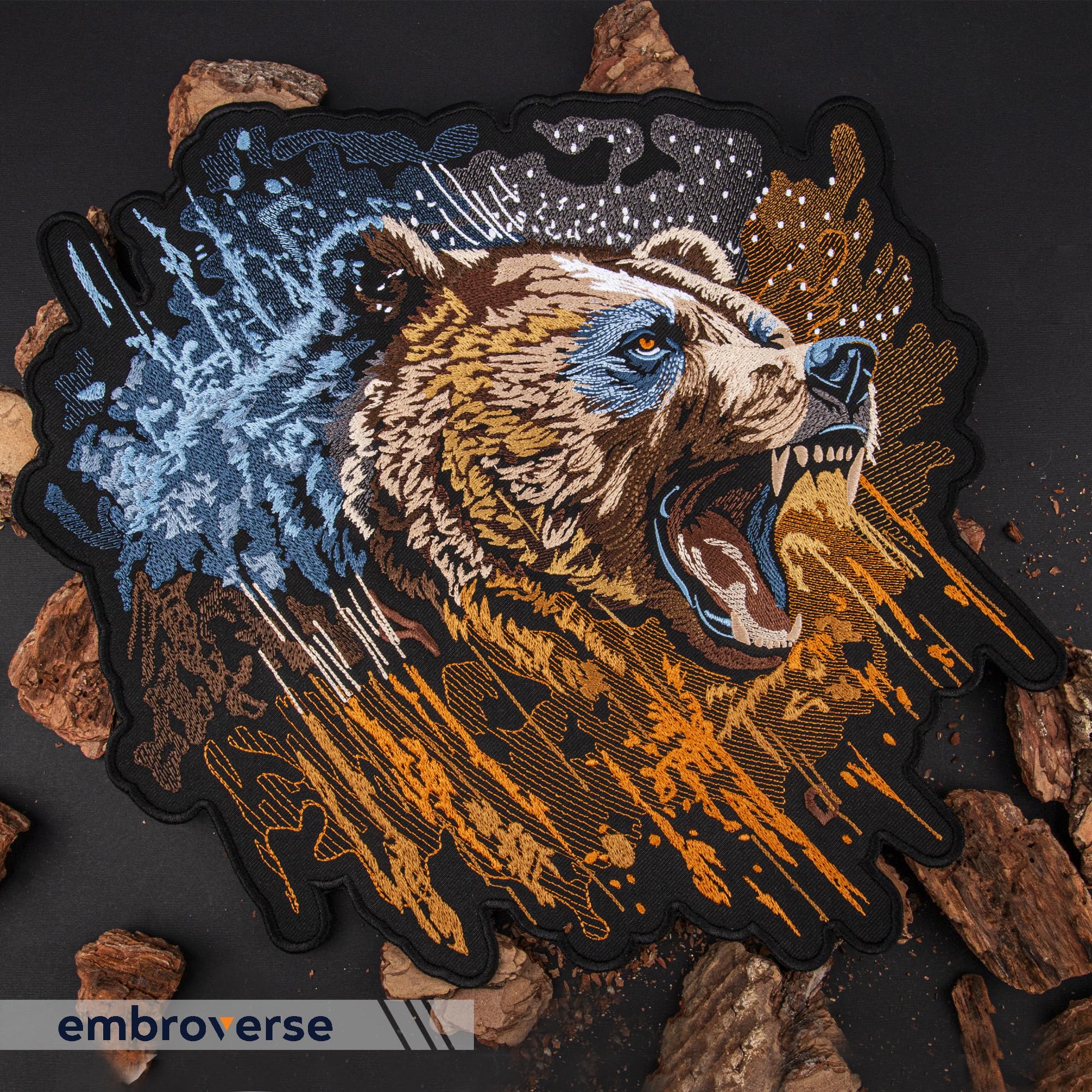 EMBROVERSE Parche de cabeza de oso feroz, bordado para planchar con diseño de bestia enojada salvaje, emblema de poder de espíritu motero, 13.3 x 11.8 pulgadas