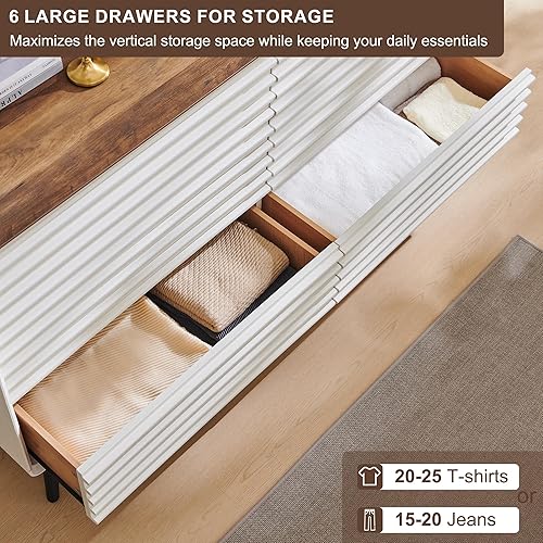 Miniatura 3 de RedLemon Cómoda de 6 cajones para dormitorio, cómoda doble de madera acanalada moderna de mediados de siglo de 54 pulgadas de ancho, cajonera con