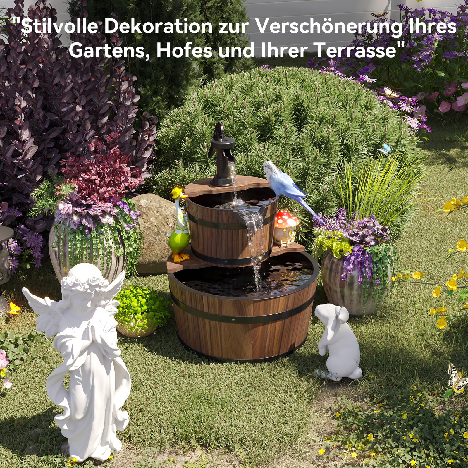 Aoxun Brunnen Holz, Gartenbrunnen mit Pumpe, Holzbrunnen Holzfass Zierbrunnen, für Springbrunnen Gartendeko, Garten Rasen Terrasse Hinterhof, 44,5 x 61 cm, Braun