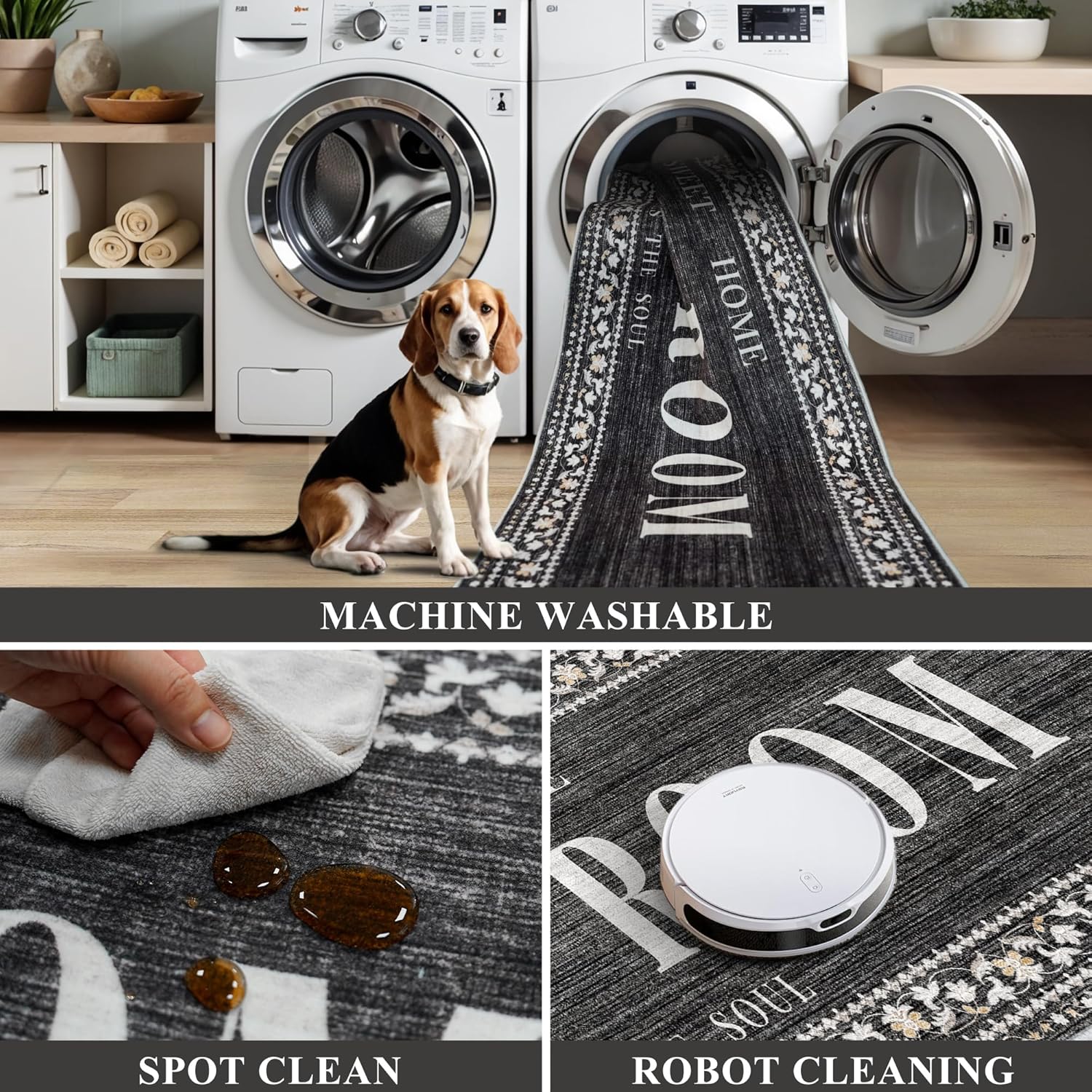 Non-Slip Laundry Room Rug Runner: Washable 20"x60" Rug for Front of Washer & Dryer Area - Vintage Stain Resistant Washroom Mudroom Carpet - Waterproof Soft Farmhouse Home Decor Floor Mat 20"x60" Black