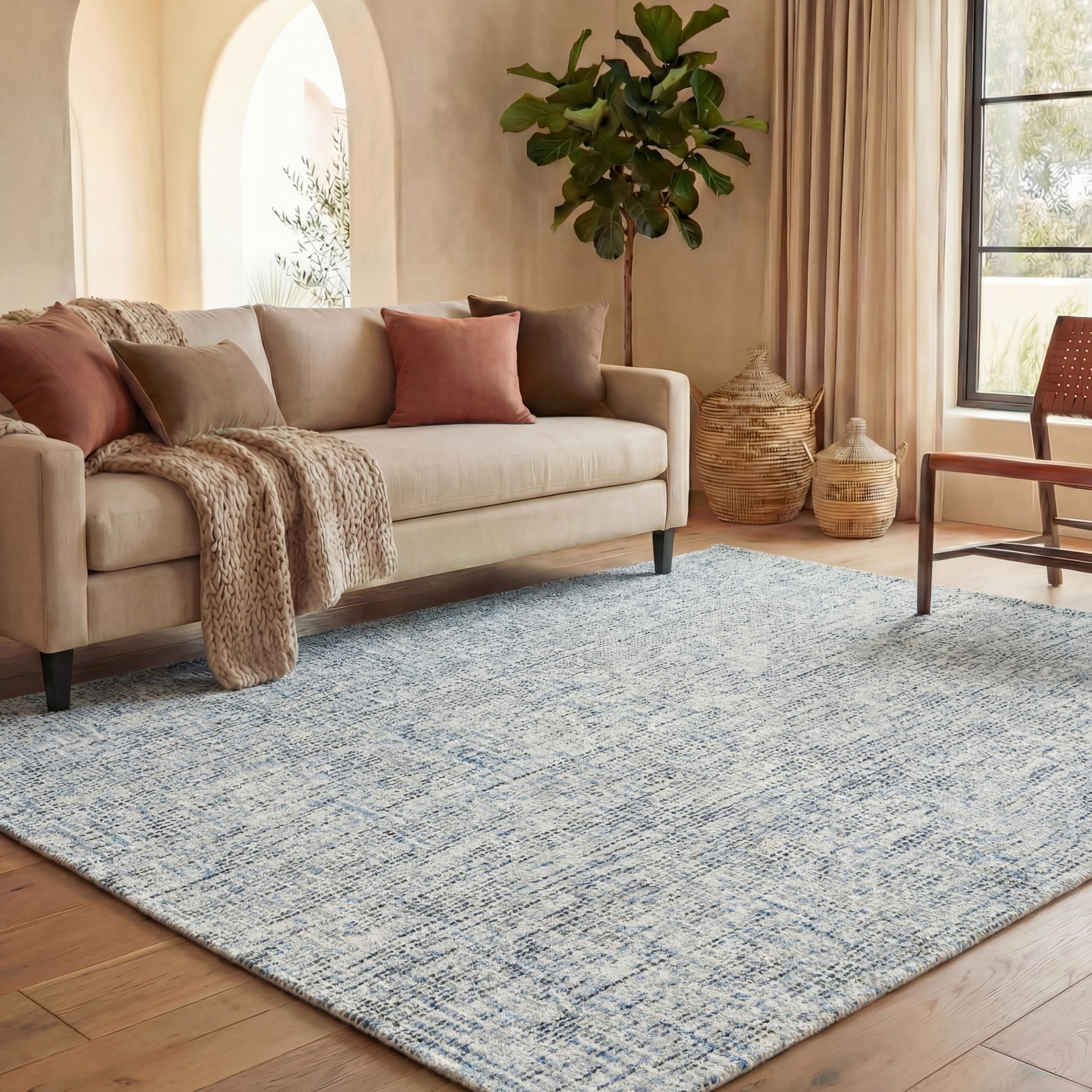 SAFAVIEH Abstract Collection Area Rug - 8' x 10', Blue & Charcoal, Handmade Wool, Ideal for High Traffic Areas in Living Room, Bedroom (ABT468B)