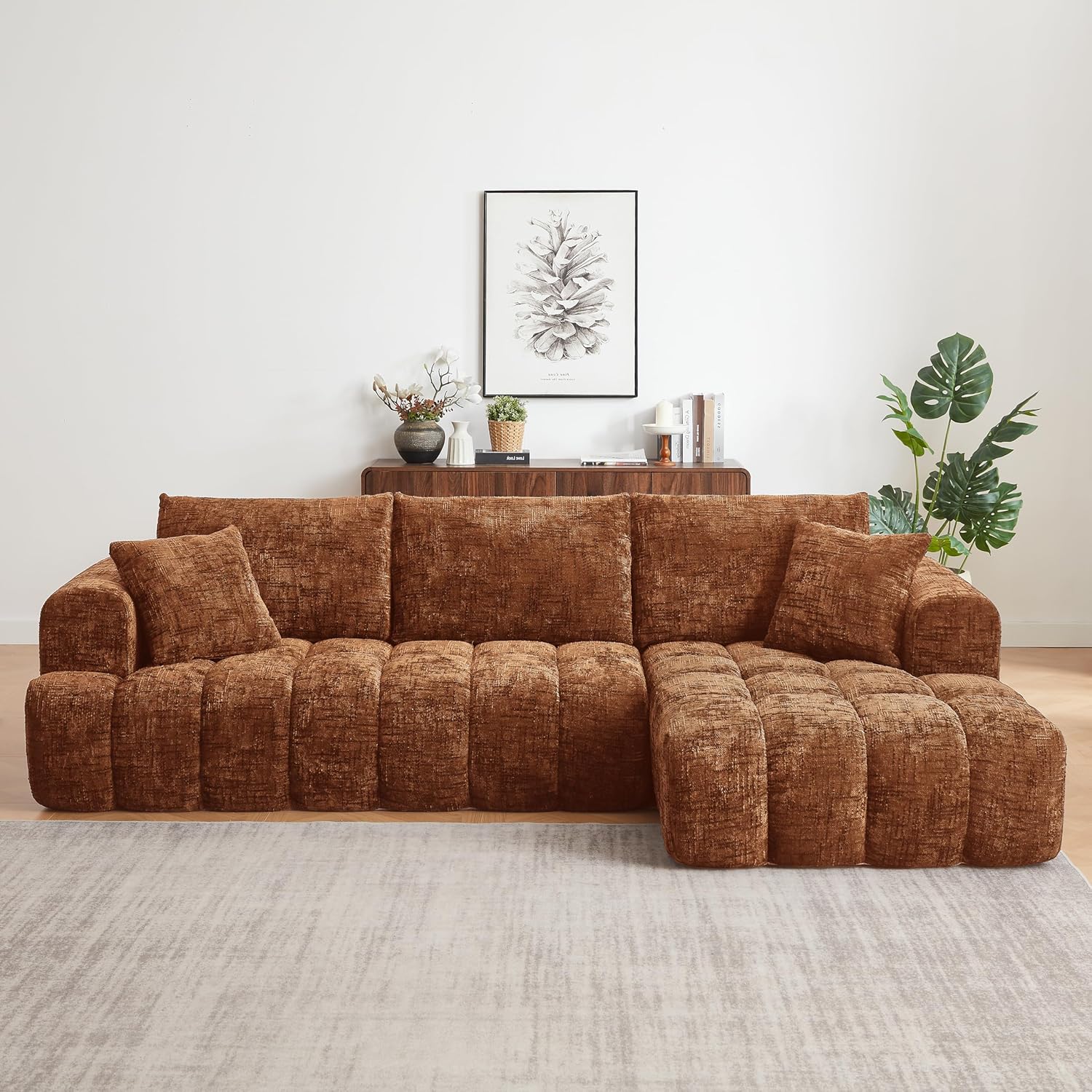 Chenille L Shaped Sectional Sofa Bed – Oversized 4 Seater Sleeper for Living Room, Minimalist Design, No Assembly Required, Orange – Apartments Reception Spaces