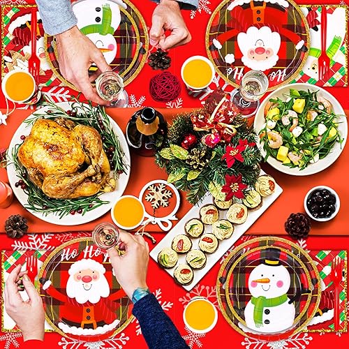 Miniatura 4 de DYLIVeS Suministros de fiesta de Navidad de Papá Noel y muñeco de nieve, vajilla desechable a cuadros rojos y verdes, decoraciones de fiesta de