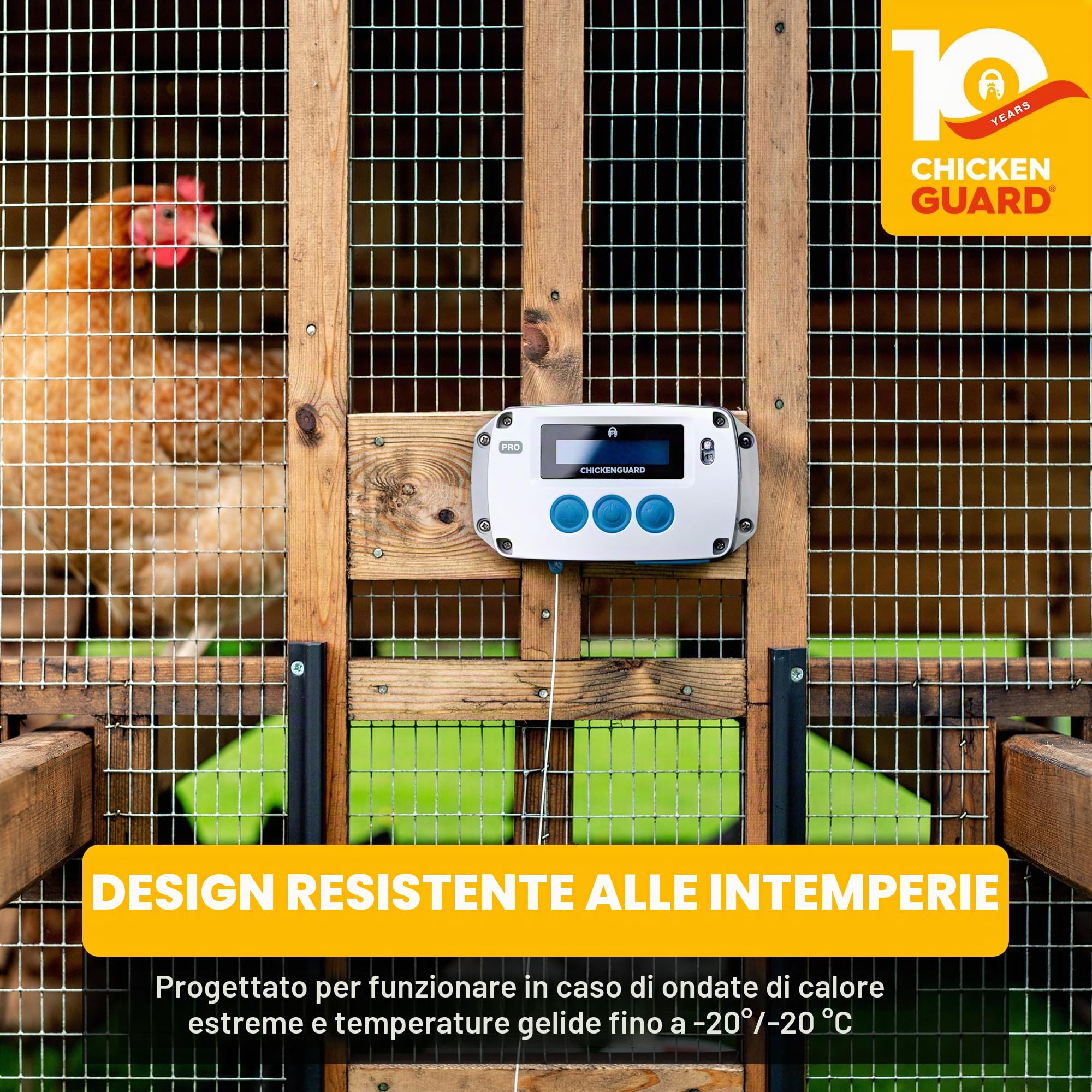 Apertura automatica della porta del pollaio ChickenGuard, alimentata da solare/batterie/elettrico. Timer/sensore di luce; solo unità motore o kit combinati. (PRO + Batterie)