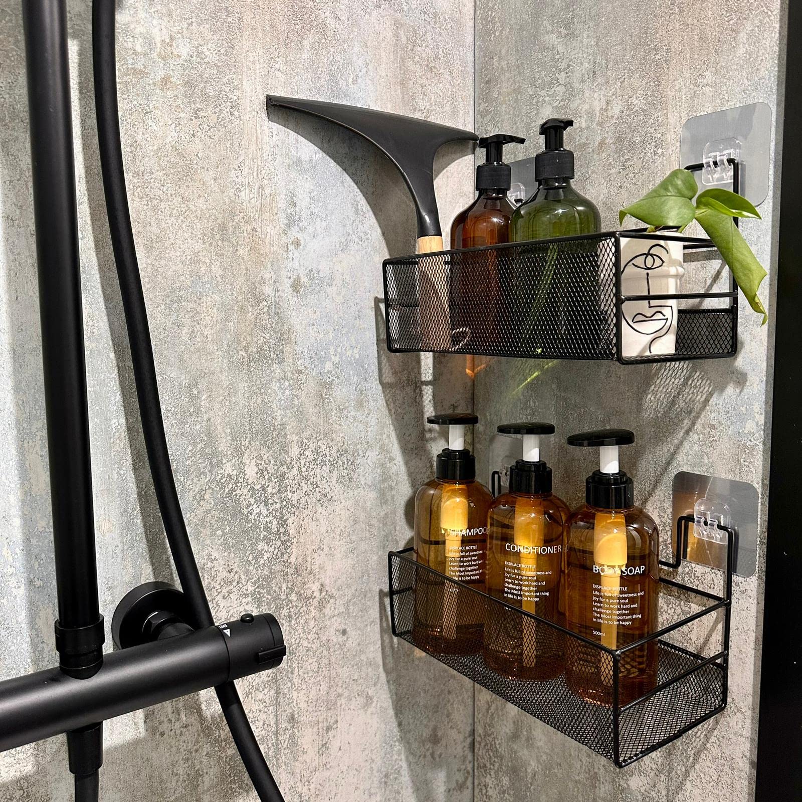 Cupboard Door Storage Baskets, Bathroom Caddy & Organiser. Black Mesh No Drill Shelf, Self-Adhesive Multi-Purpose Wall Mounted Organizer Super Strong for Kitchen Under Sink, Bathroom. 2 Pack.