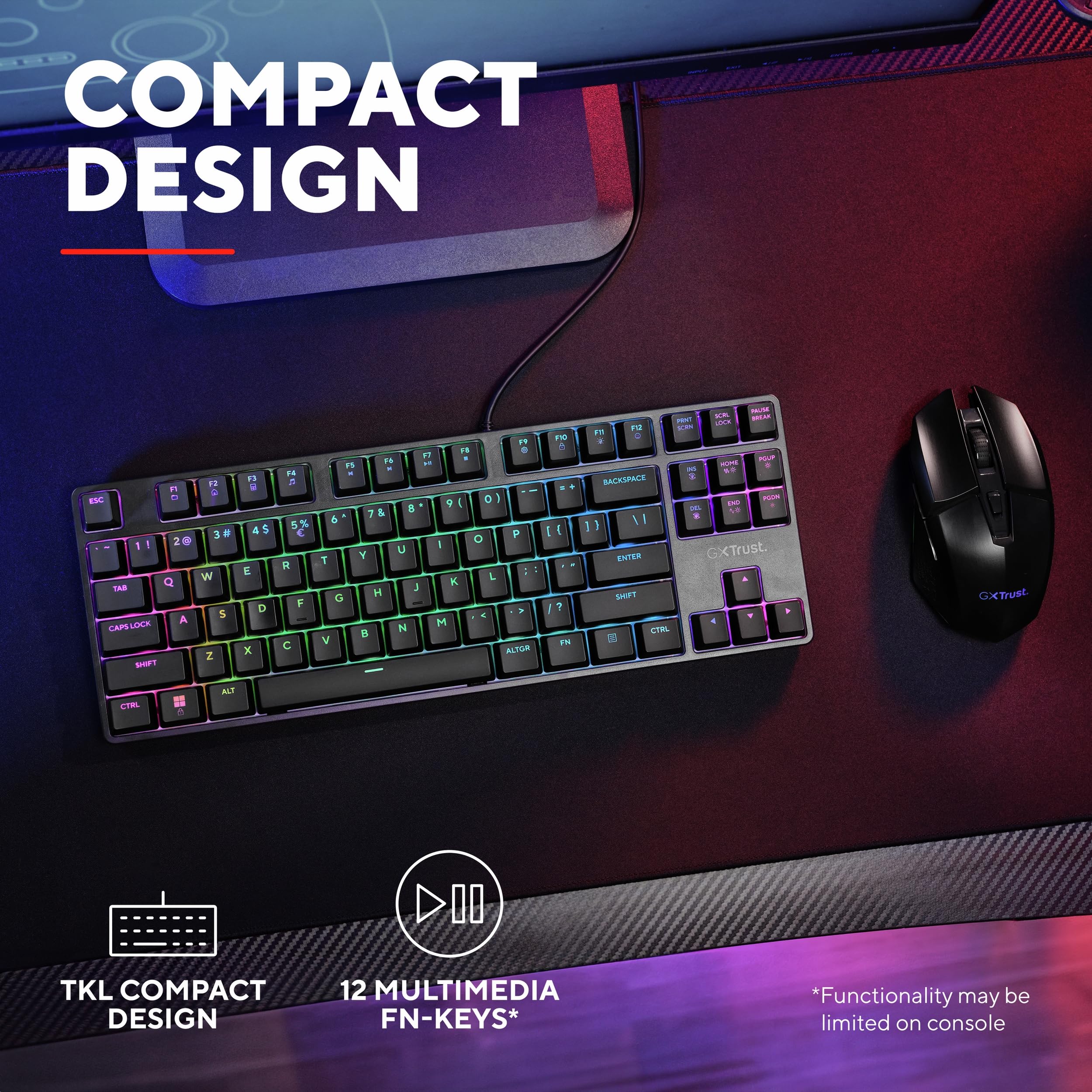 GXTrust 864 Klawiatura mechaniczna Cada TKL włoski układ QWERTY z oświetleniem RGB, przełączniki Huano Brown, oprogramowanie w zestawie, kompaktowa programowalna klawiatura do gier USB 80% PC Laptop