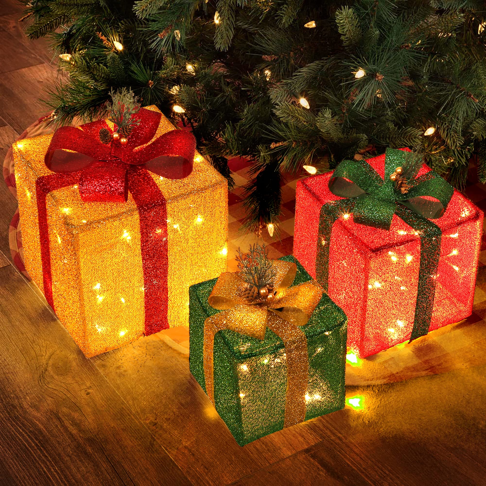 Urvoix Christmas Lighted Gift Boxes, Set of 3 Boxes with 90 LED Lights, DIY Light Up Xmas Decorations for Indoor Outdoor Christmas Tree Ornament Holiday Party Home Yard Decor