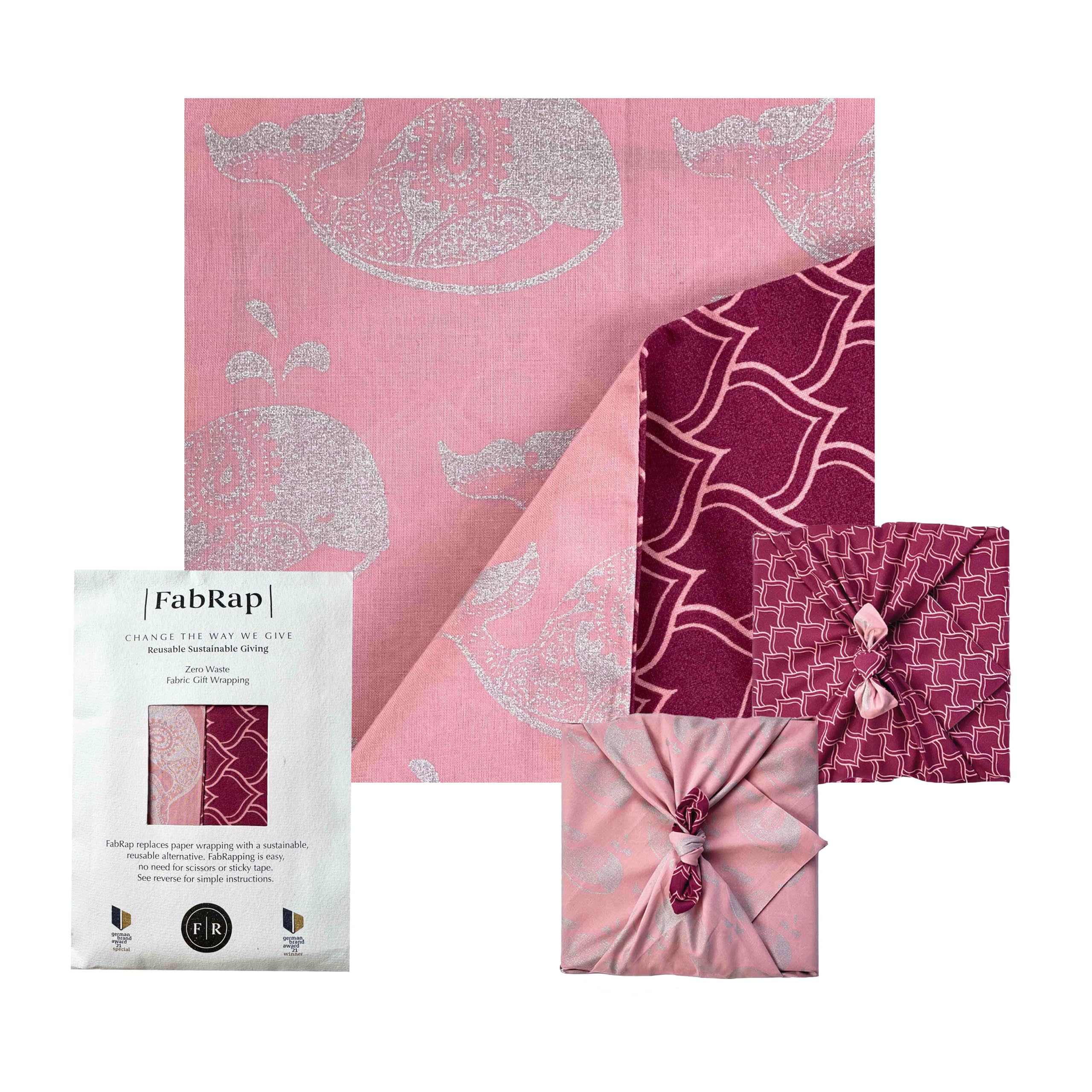 FabRap Furoshiki - Papel de regalo de tela reutilizable de doble cara con un hermoso contraste de rubor con ballenas plateadas y arcos granate inspirados en la arquitectura, para regalos y otros fines