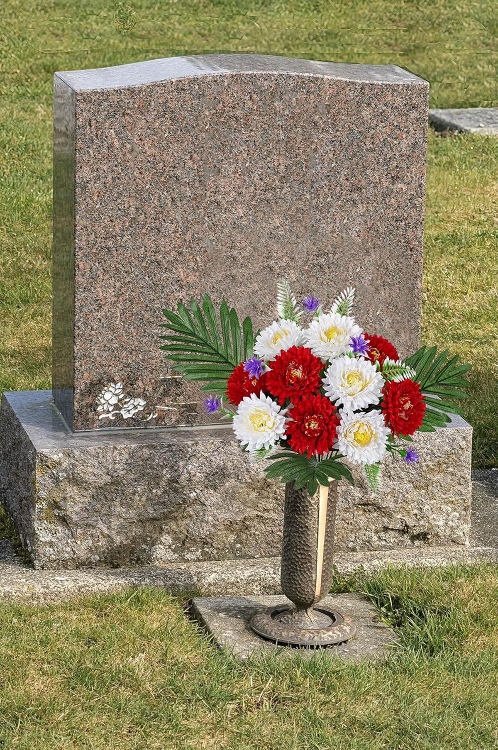 Oairse 2 Sets Artificial Cemetery Flowers with Stakes - 17.7" Fake Red & White Chrysanthemums, Memorial Bouquets with Vase Realistic Graveyard Spring Decorations for Cemetery Outdoor