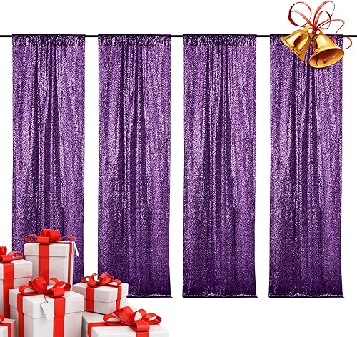 BEDDEB 4 cortinas tipo telón de fondo de lentejuelas moradas, 2 x 8 pies, cortina de fondo con purpurina para Navidad, cumpleaños, boda, fiesta,