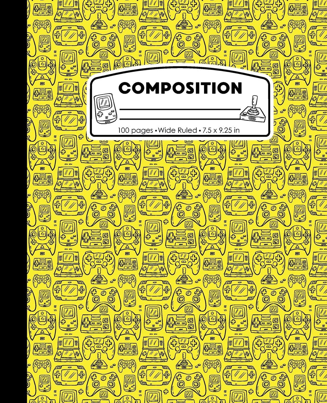 Composition: Wide Ruled Writing Notebook, Yellow Video Game Controller Outline Pattern Marbled Blank Lined Book