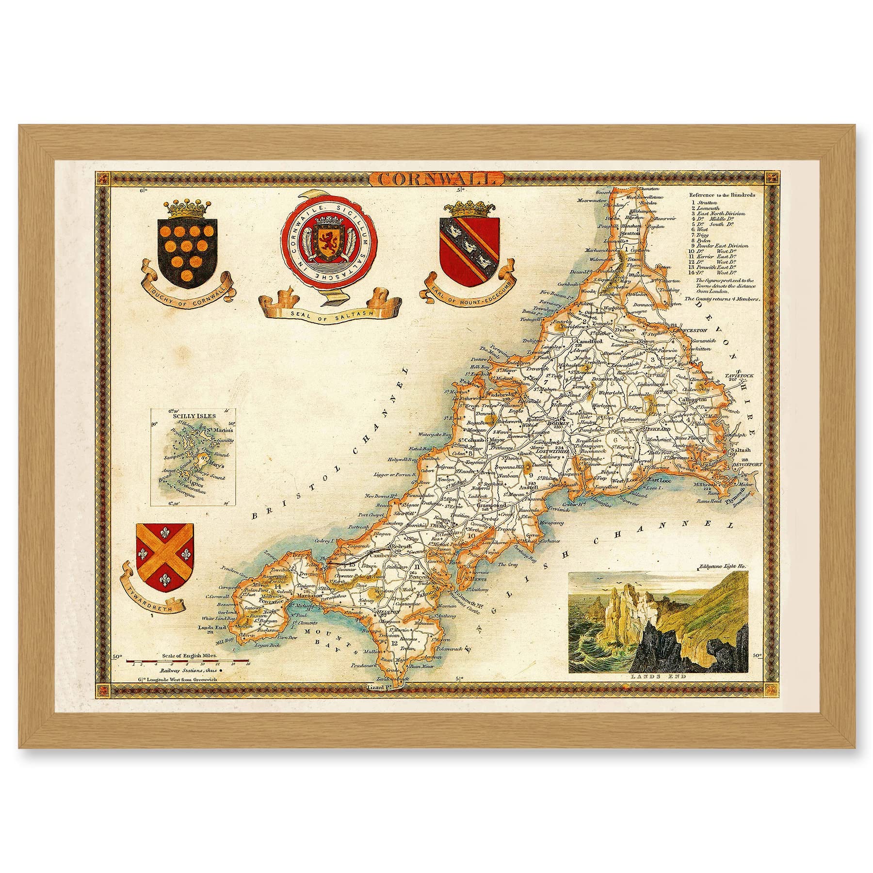 Artery8 Map Antique Moule 1850 Cornwall County England UK Artwork Framed Wall Art Print A4