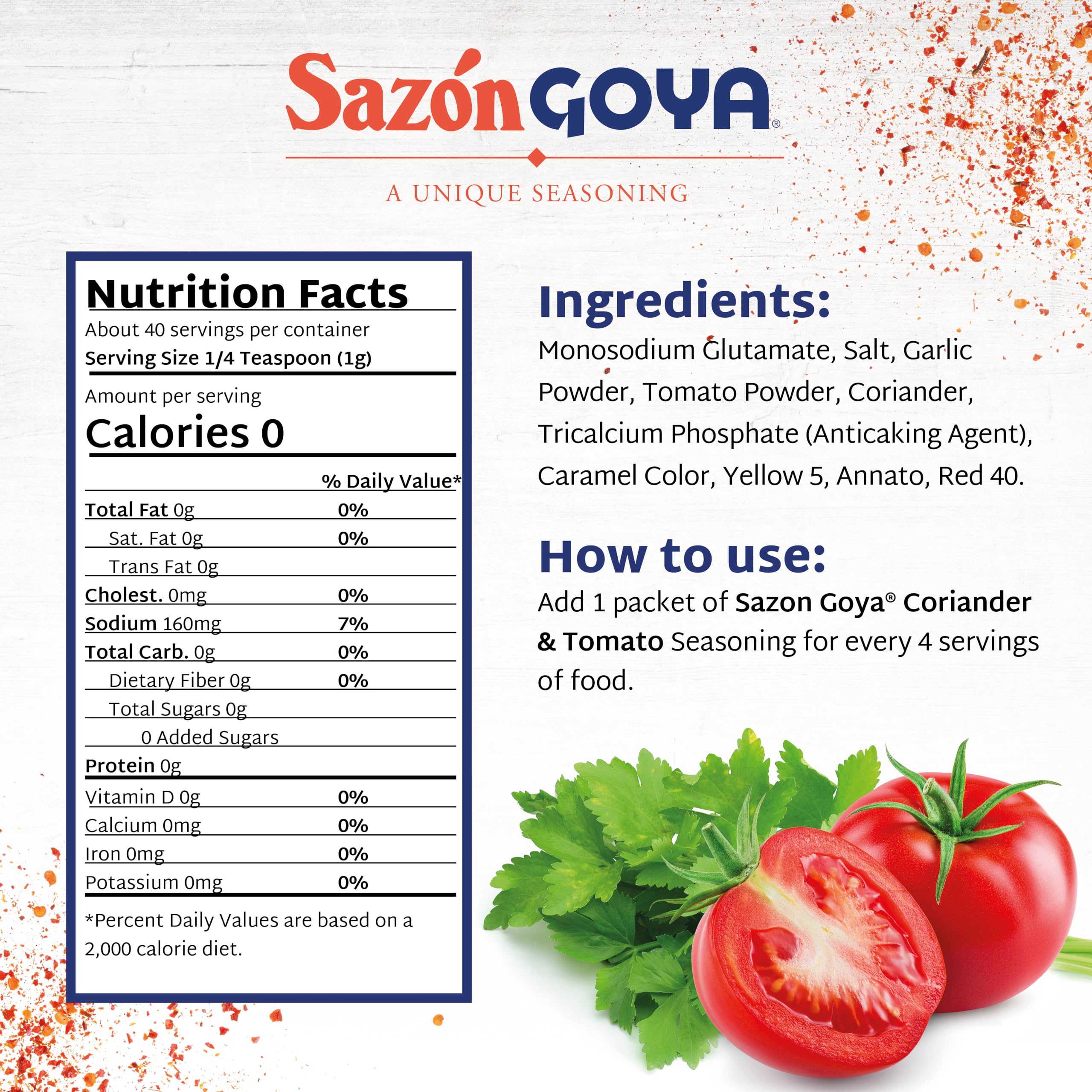 Sazón with Cilantro and Tomato by Goya, Latin Spice Blend for Poultry, Seafood, Meat and Vegetables, All Purpose Mexican Seasoning 1.41oz Carton