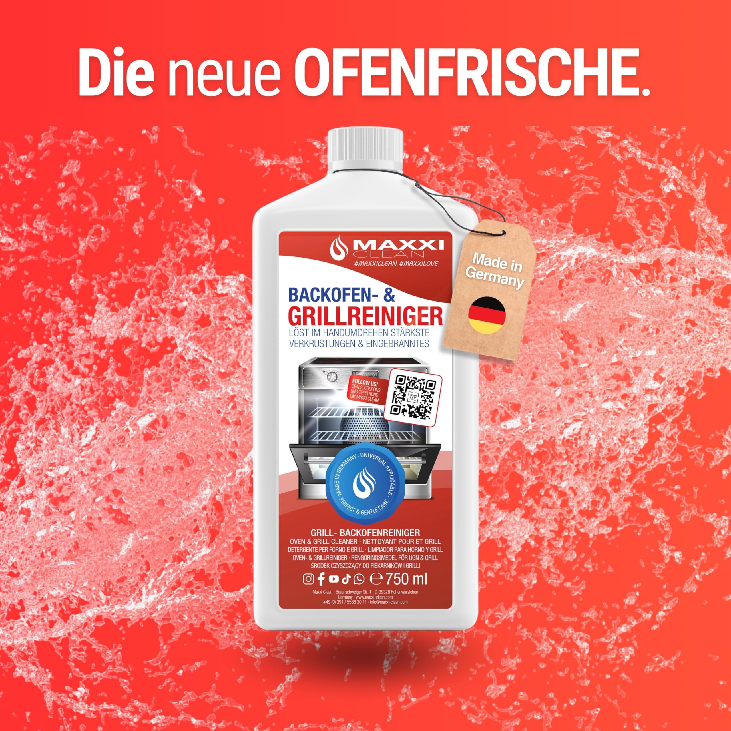 Maxxi Clean | Kit di pulizia per forno e grill | 750 ml di gel con 1 pennello | detergente e sgrassatore extra potente per forno, piano cottura e grill | scioglie le incrostazioni