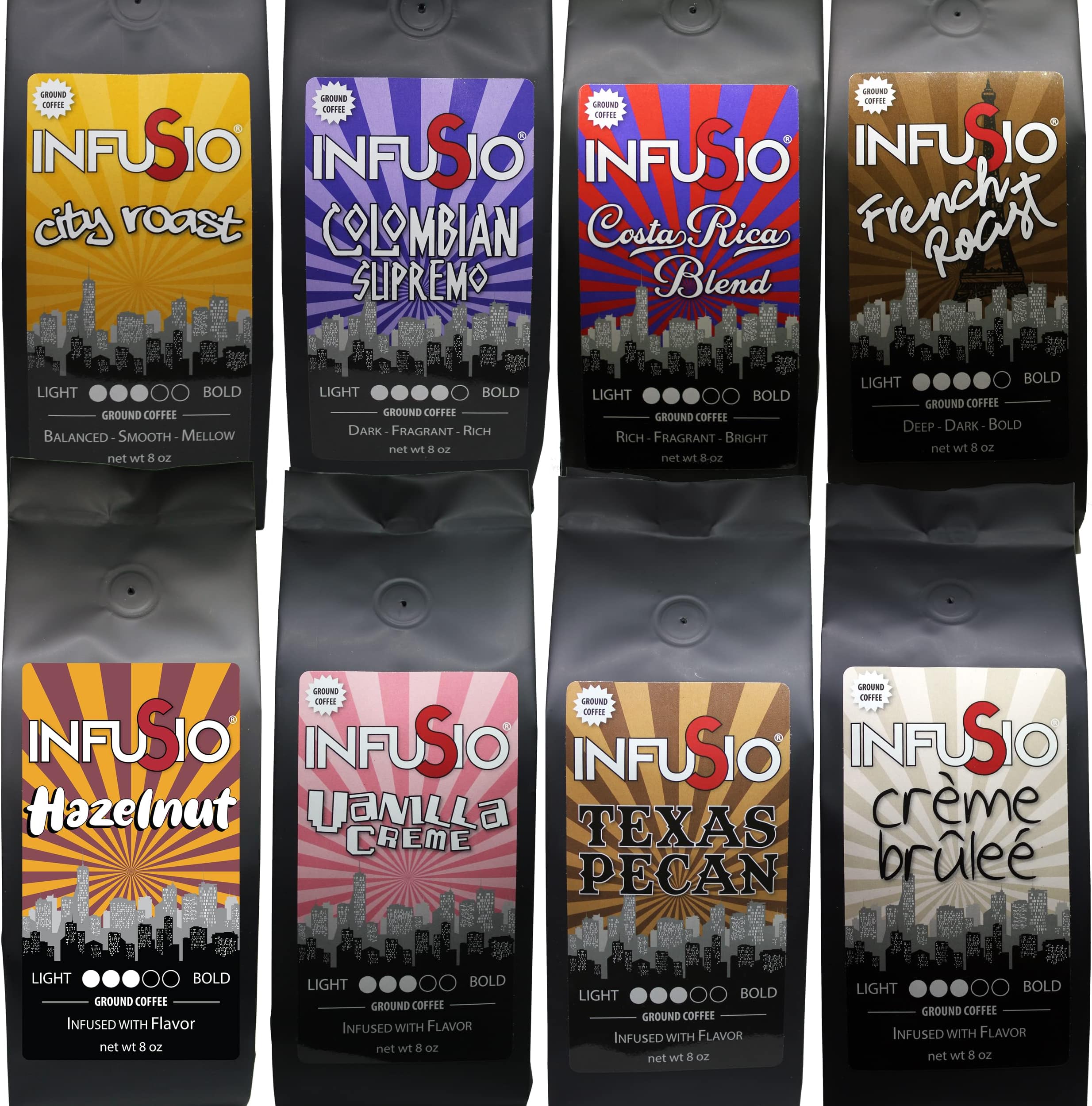 InfuSio Gourmet Ground Coffee, (64oz) Variety Pack, Eight 8oz Bags (Pack of 8) - 4lbs Total - (French Roast/Colombian/City Roast/Costa Rica) With Flavored Blends (Pecan/Hazelnut/Vanilla/Creme Brulee)
