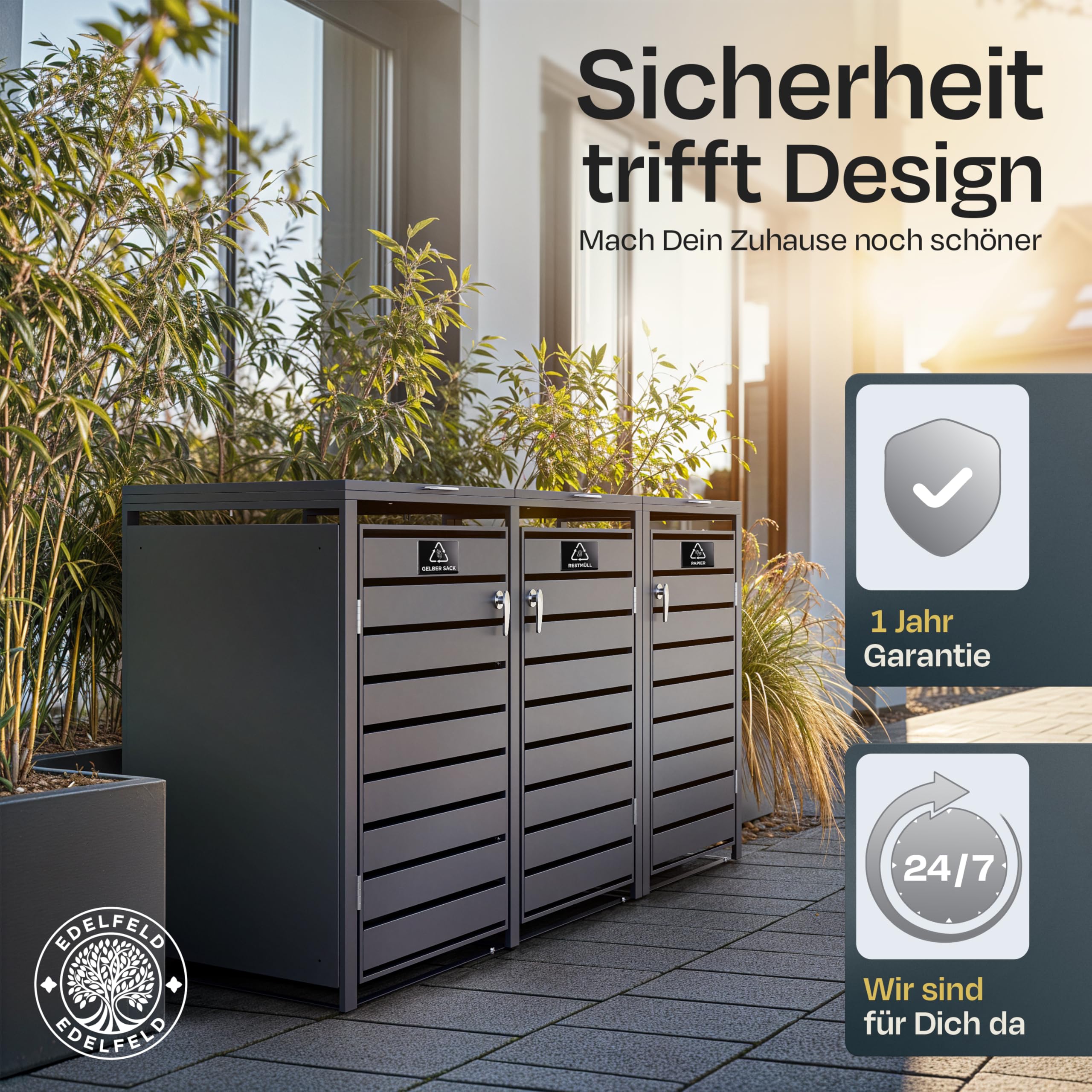 EDELFELD - Wetterfeste Mülltonnenbox für 3 Tonnen [bis 240L] - Abschließbare Mülltonnenverkleidung aus massivem Stahl - 3er Mülltonnenbox mit Soft Close - Inkl. Magnete zur Müllbox Beschriftung