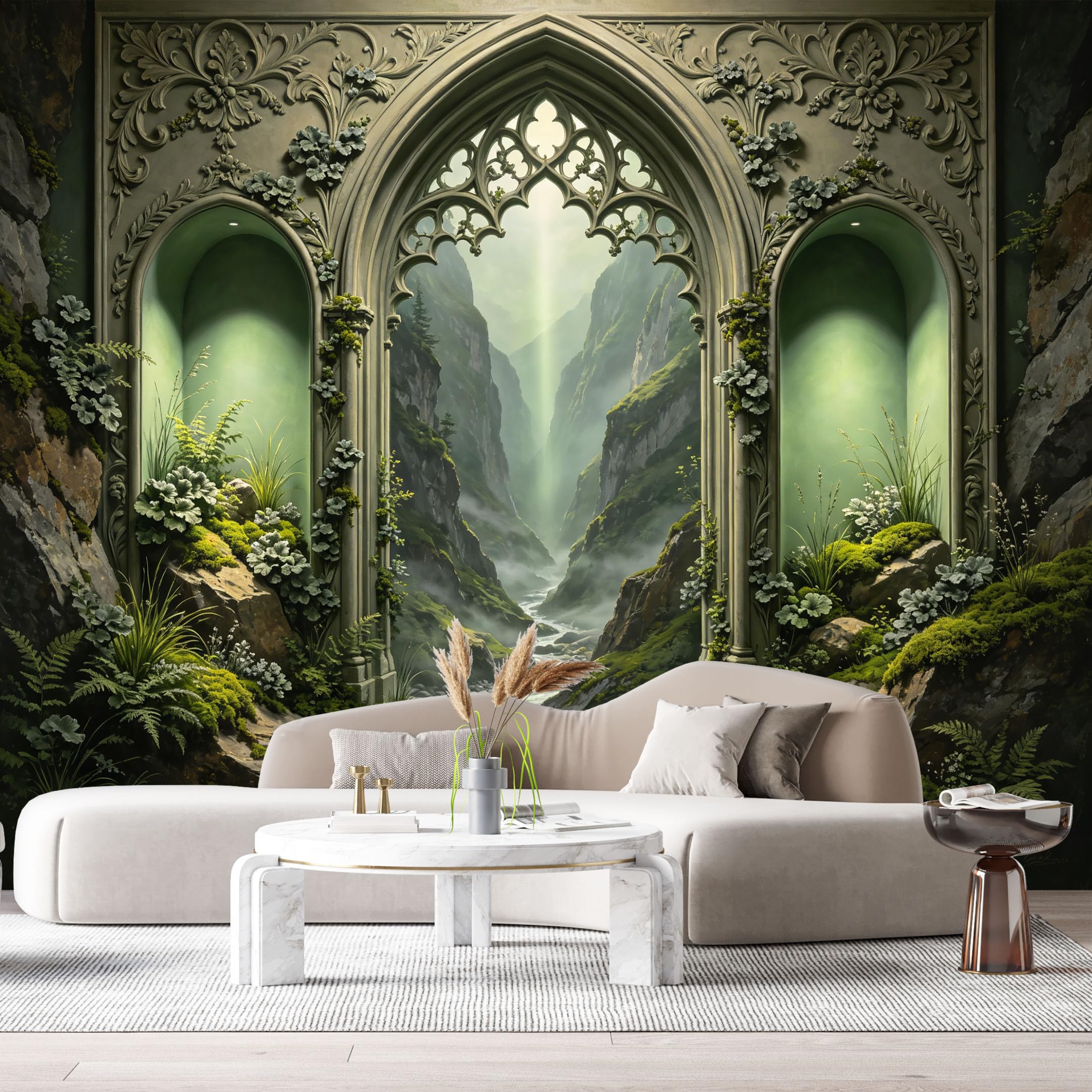 Custom Size Wall Murals Gothic Fantasy Stone Archway Mystical River Landscape 3D Trompe L'Oeil SelfAdhesiveWall Fabric Removable Wallpaper Wall Decor for Living Room Bedroom Bathroom