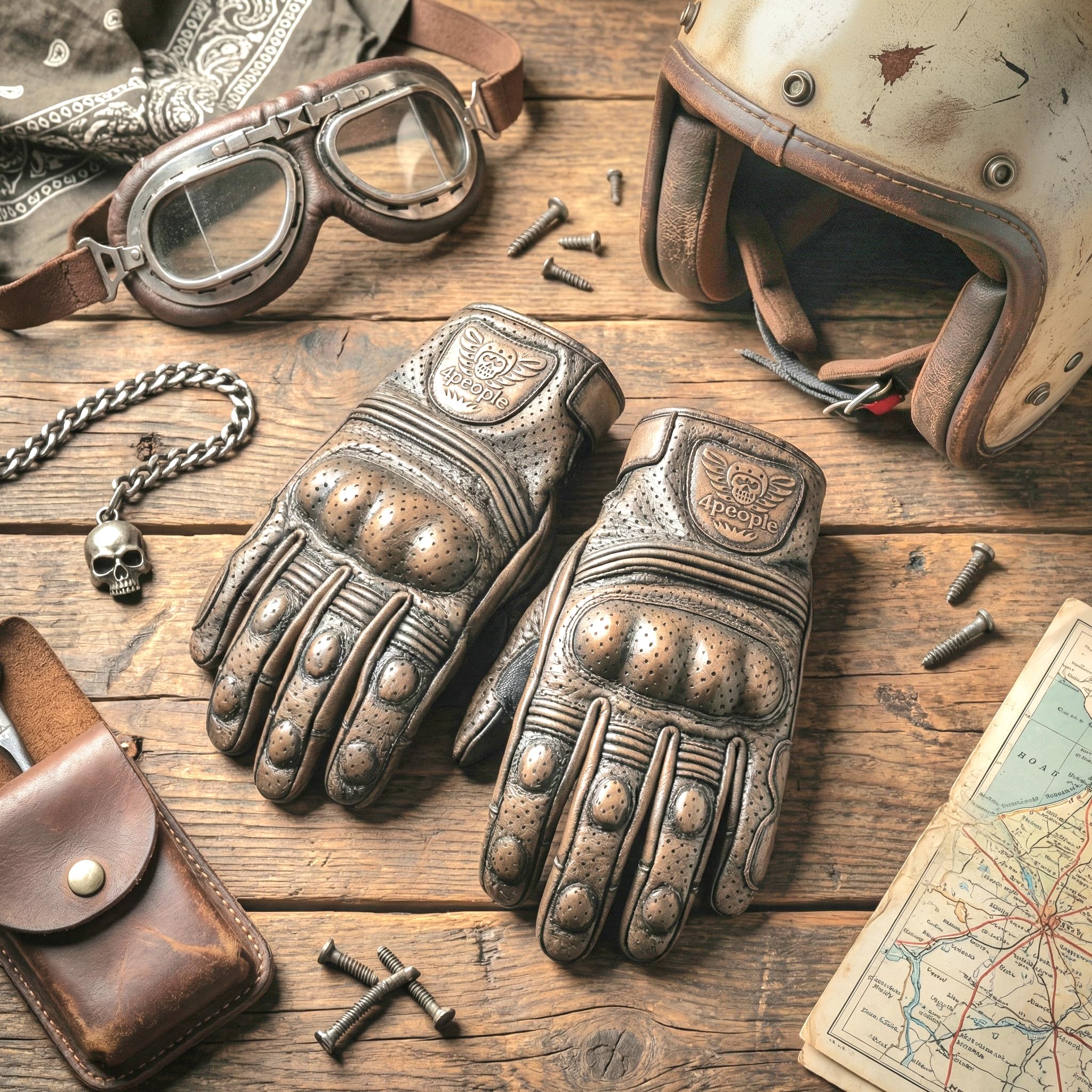 Iron Rider Gants Moto en Cuir Homme - Gants Biker Vintage avec Protection Nudages, Respirants, Style Café Racer, Gants Moto Été et Conduite Urbaine