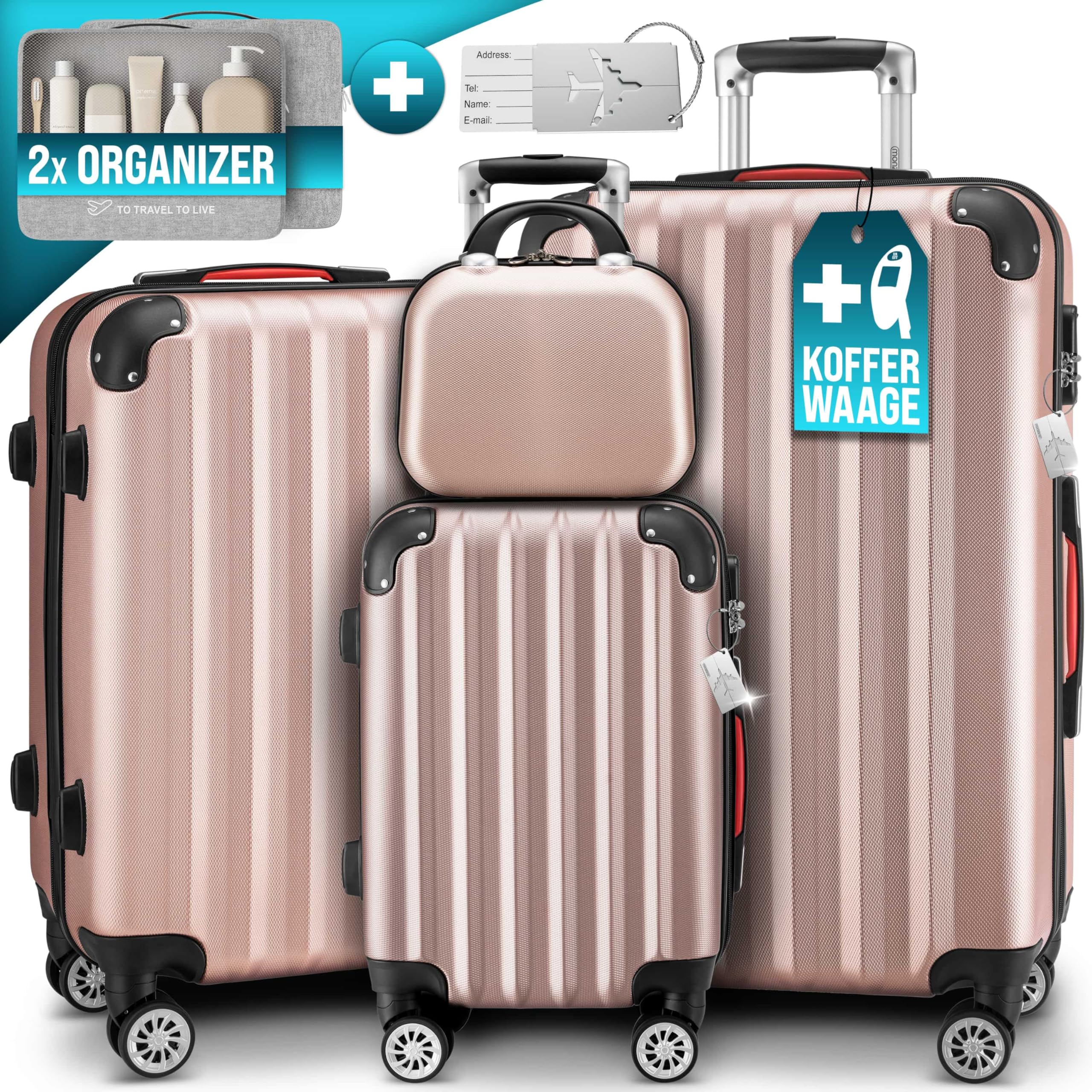Monzana® 4tlg. Kofferset mit Beautycase, Rose - M-L-XL - inkl. Schloss, Organizer & Kofferwaage - Gurt Gel-Griffe, Zwillingsrollen, Standfüße, Trolley, Reisekoffer, Hartschalenkoffer, Gepäck-Set