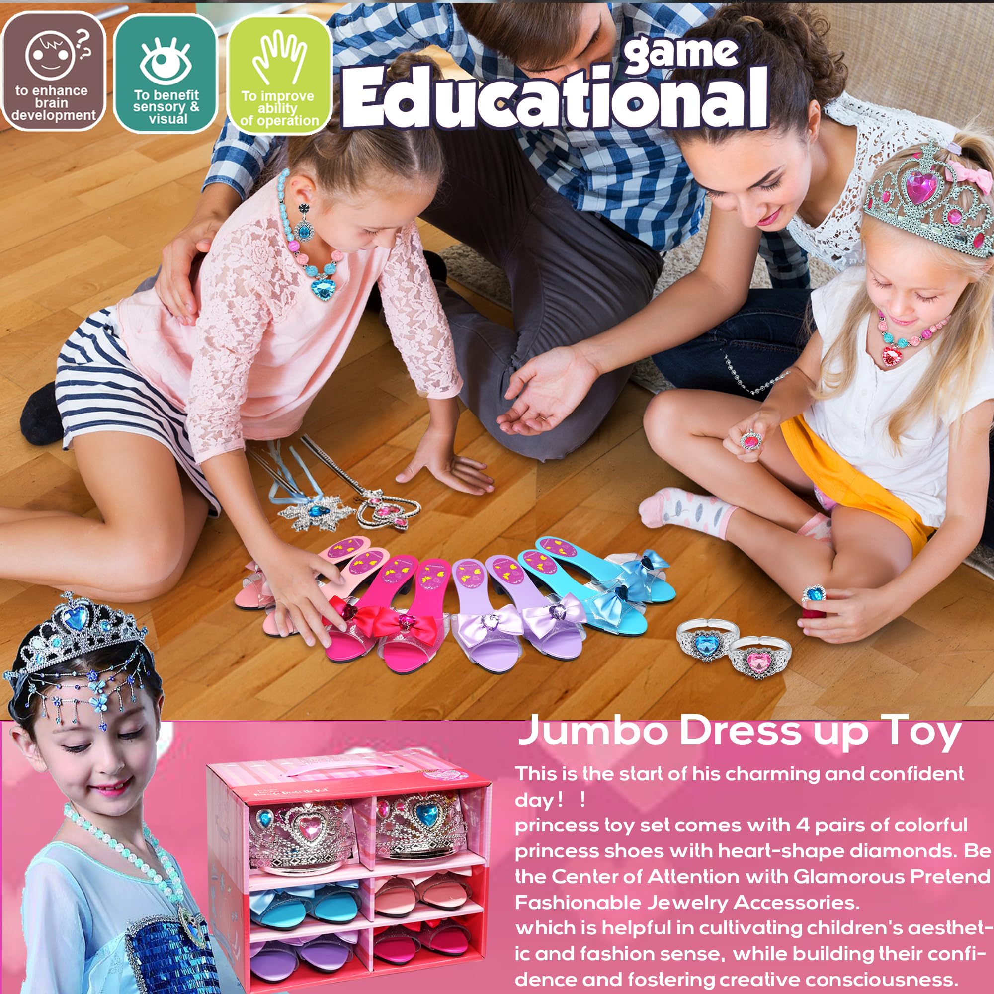 Prinzessin Schuhe Spielzeug für Mädchen - 4 Paar Schuhe und 2 Sätze Spiel-Schmuck-Boutique, Geburtstag Weihnachten Geschenke 3-6 Jahre