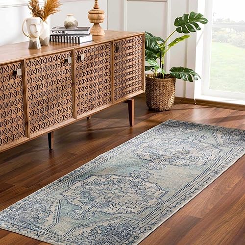 Kenmare - Alfombra tradicional de estilo rústico para lavandería, pasillo, entrada, dormitorio, cocina, alfombra larga, motivo persa oriental, color