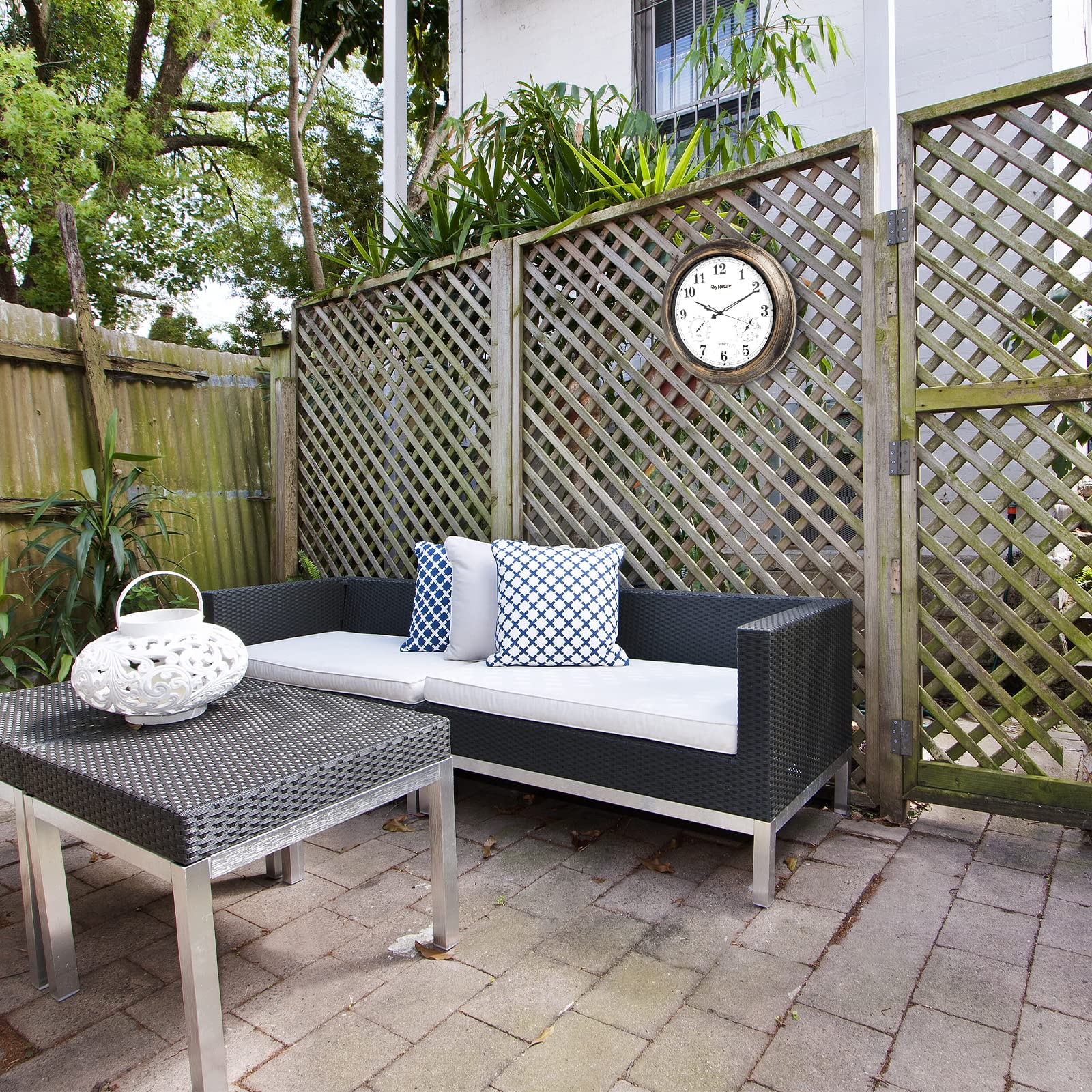 Große Outdoor Gartenuhr, 45cm Retro Wetterfest Uhr mit Thermometer und Hygrometer, Leise Ohne TickgeräUsche Metall Wanduhr, Wasserdicht Uhr für Zaun, Terrasse, Pool, Badezimmer - Bronze