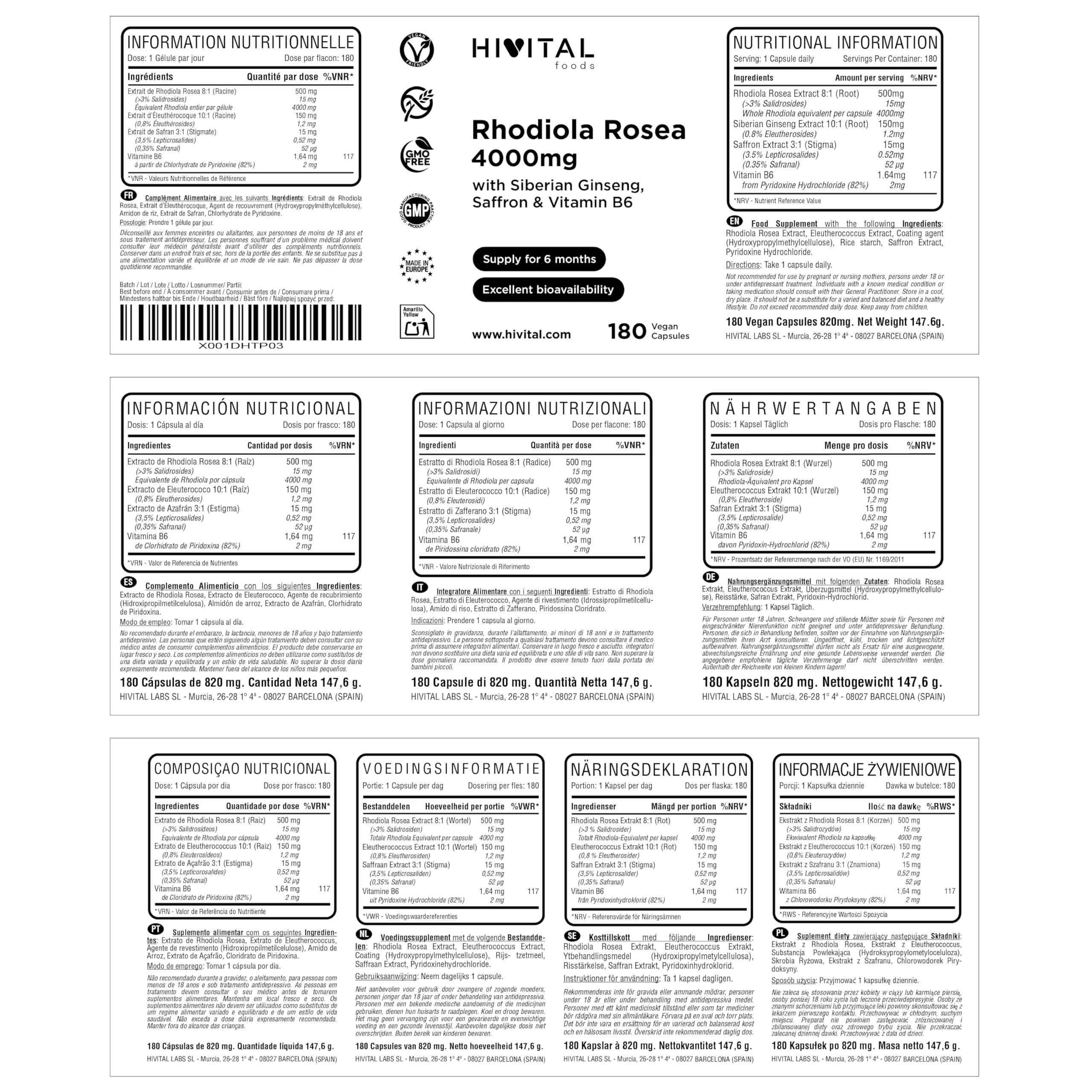 Rhodiola Rosea 4000 mg. 180 gélules végétaliennes pour 6 mois de traitement. Rhodiola avec 3% Salidrósides, avec Ginseng Sibérien, Safran et Vitamine B6. Fabriqué en Europe par HIVITAL