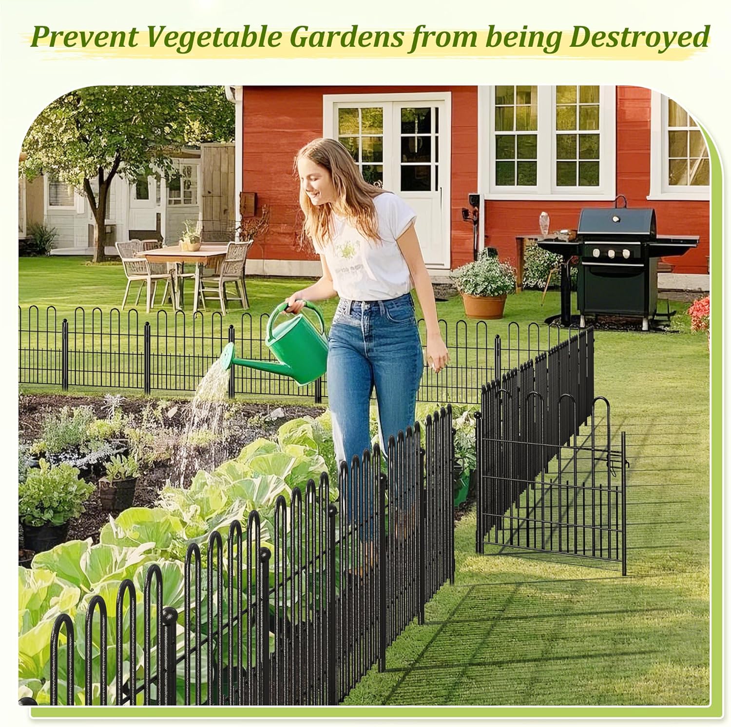 Bepatio Decorative Garden Fence Animal Barrier with Gate, 24in (H) x 20ft (L) 10 Panels Decorative Dog Fence Outdoor for Yard, Heavy Duty Rustproof Metal Fence Border, Flower Bed, Easy Setup, Black