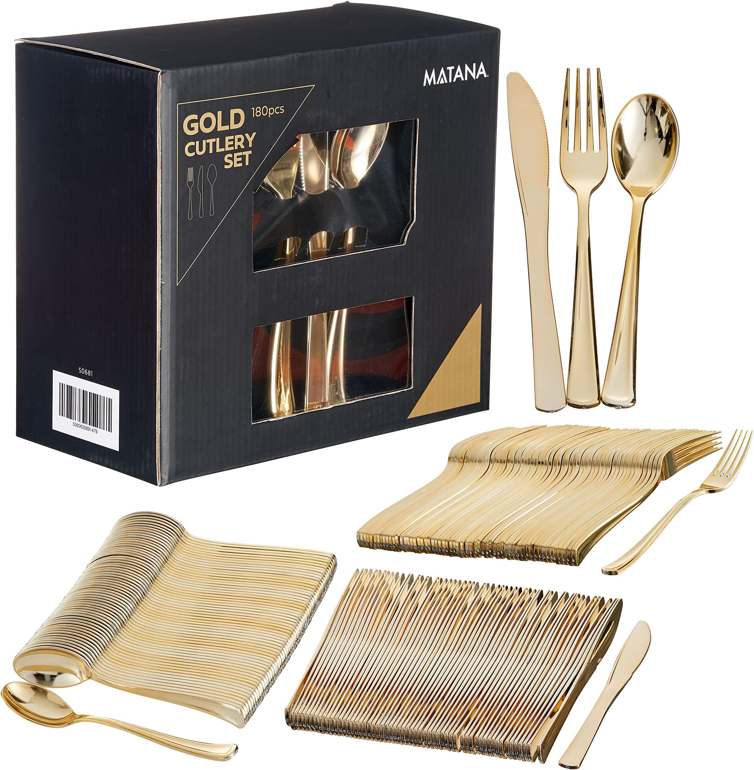 180 Elegant Gold Plastic Cutlery Set - 60 Knives, 60 Forks, 60 Spoons - Hand Washable, Reusable & Heavy Duty Tableware for Weddings, Birthday, Parties & Events