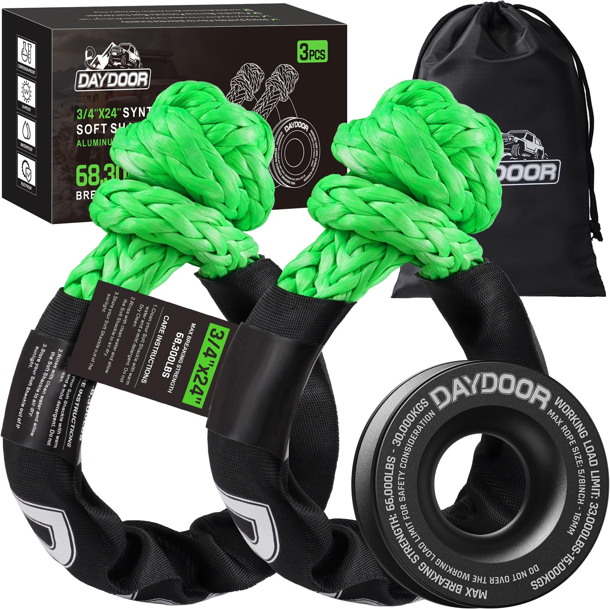 DAYDOOR Synthetic Soft Shackle & Winch Recovery Ring Kit, 2 PCS 3/4'' x 24'' Recovery Soft Shackle(68,300Lbs Breaking Strength), 1 PCS Recovery Ring for ATV UTV Off-Road Vehicles(Black Ring)