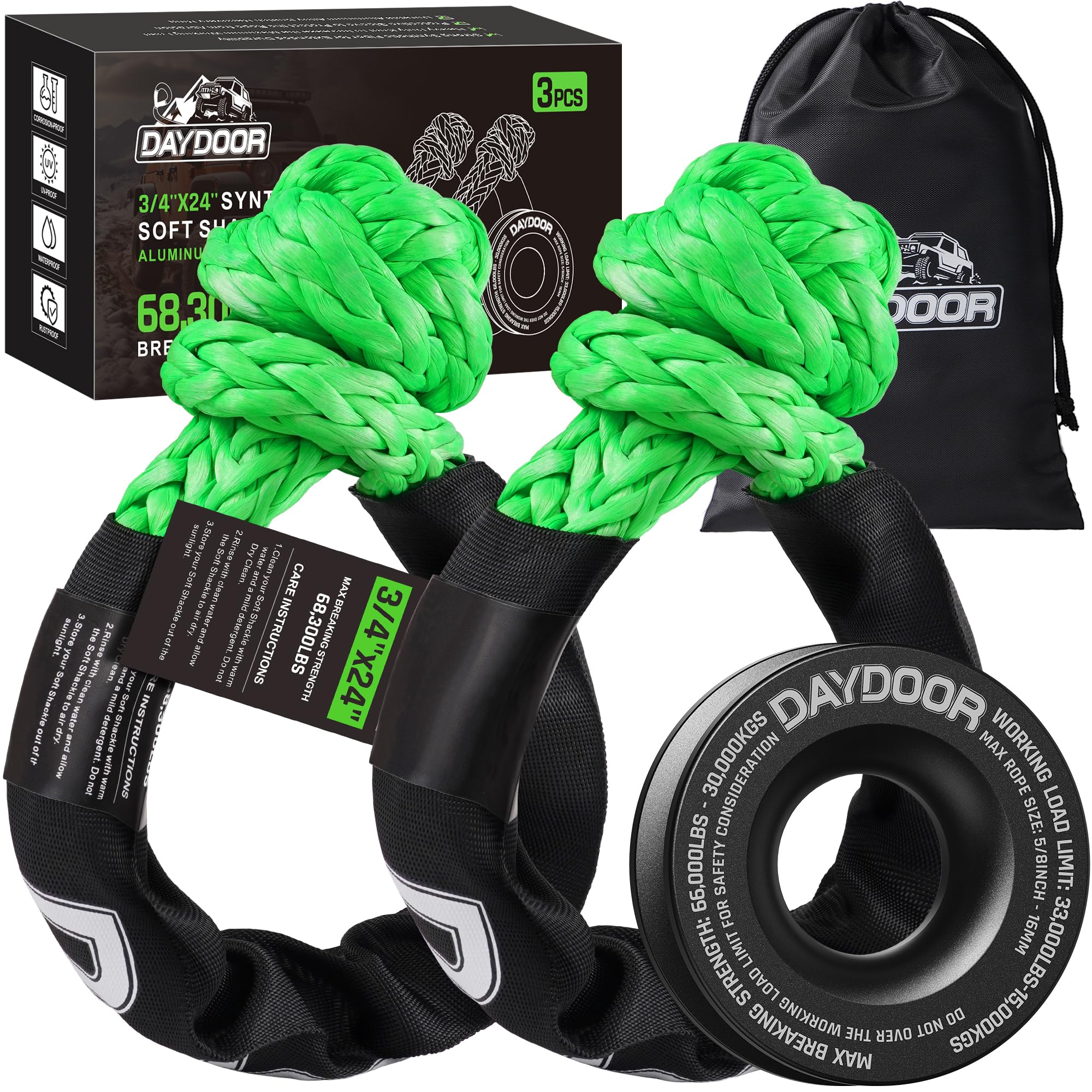 DAYDOOR Synthetic Soft Shackle & Winch Recovery Ring Kit, 2 PCS 3/4'' x 24'' Recovery Soft Shackle(68,300Lbs Breaking Strength), 1 PCS Recovery Ring for ATV UTV Off-Road Vehicles(Black Ring)