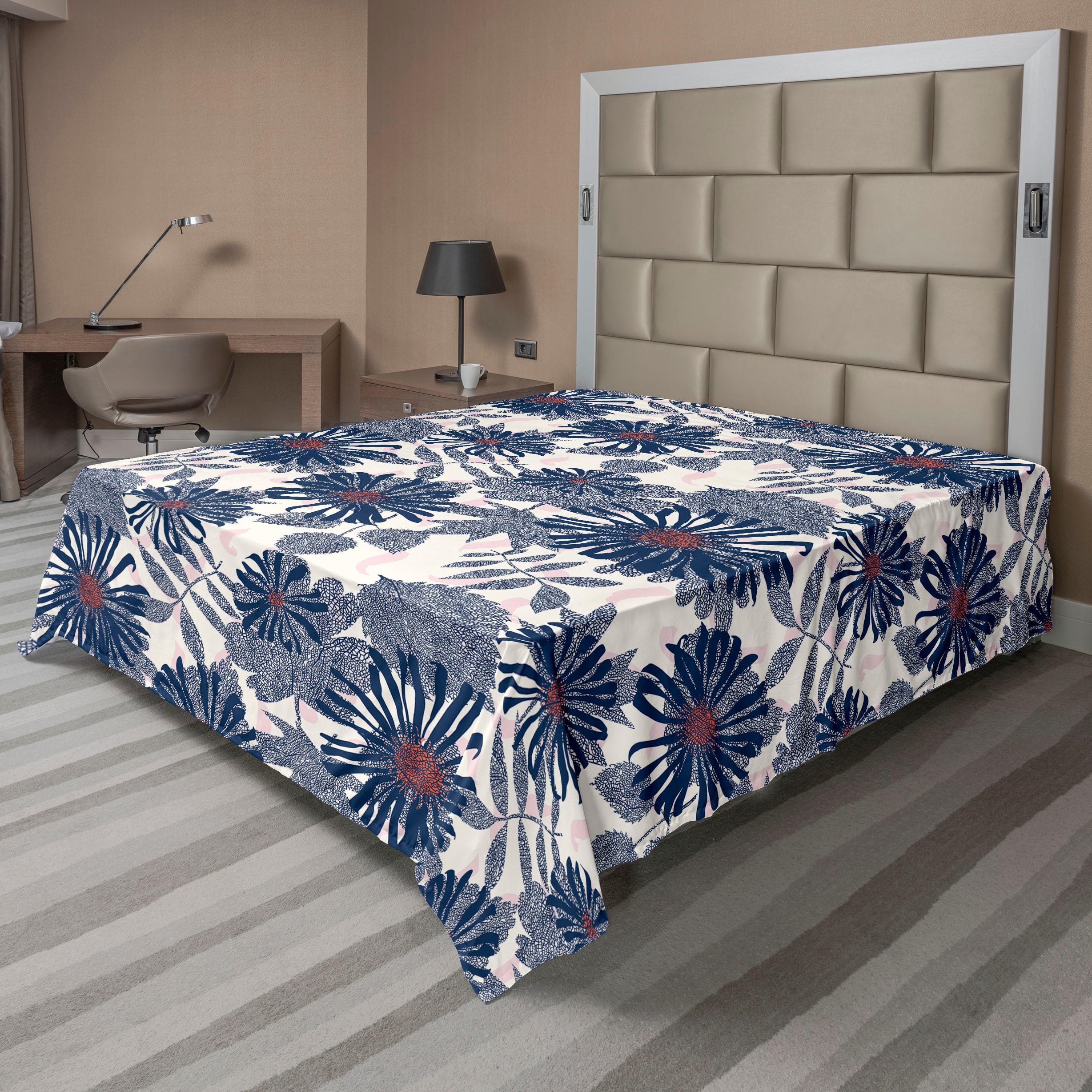 Ambesonne Daisy Pattern Flat Sheet, Jumble Striped Leaf Pattern with Floral Silhouettes on Pinky Back, Soft Comfortable Top Sheet Decorative Bedding 1 Piece, Full Size, Dark Indigo Dark Pink