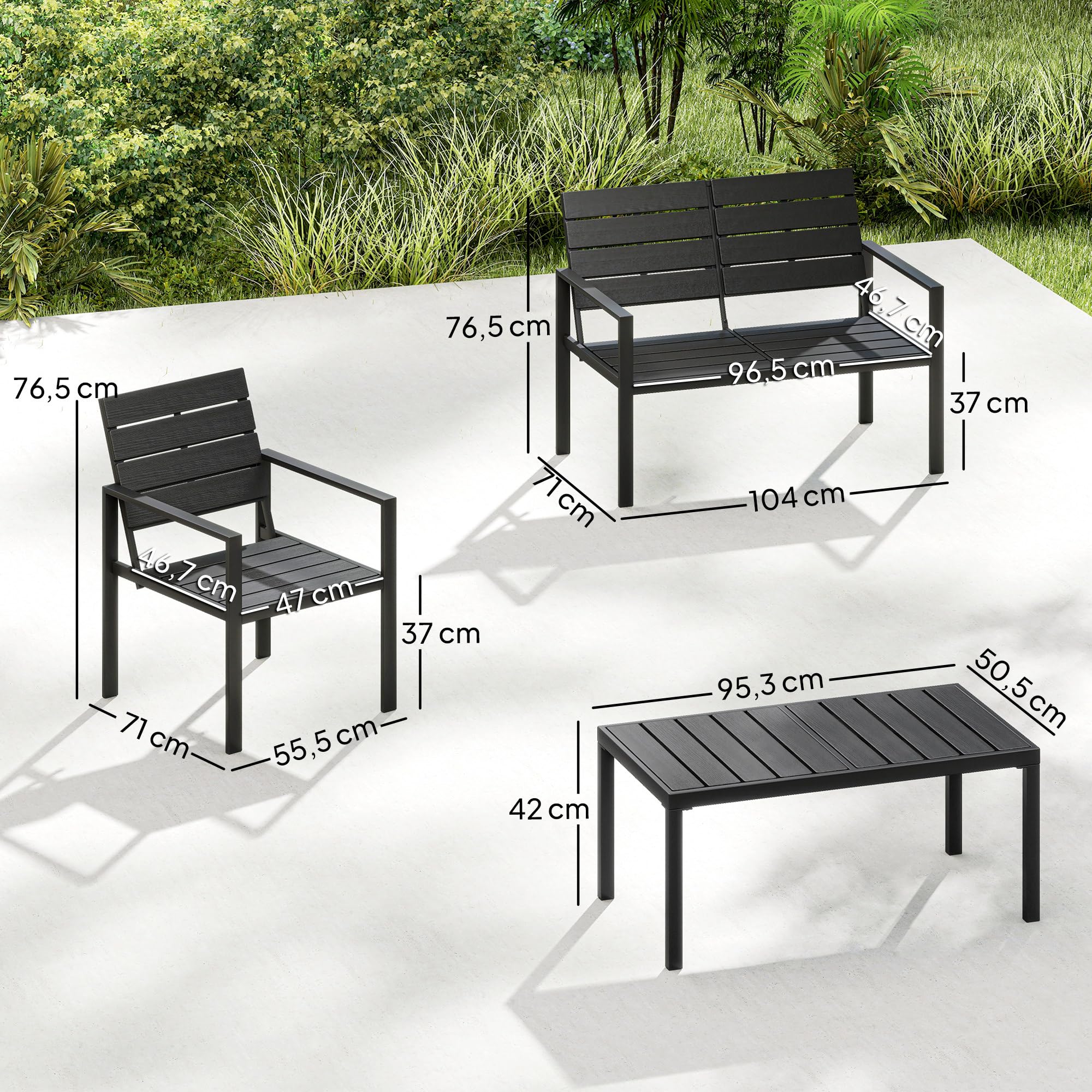 Outsunny Set Salotto da Giardino 4 Pezzi, Set di Mobili da Giardino in HDPE con Tavolino da Caffè, Divanetto da Esterno a 2 Posti, 2 Poltrone, Struttura in Metallo, Salottino da Esterno Balcone, Nero