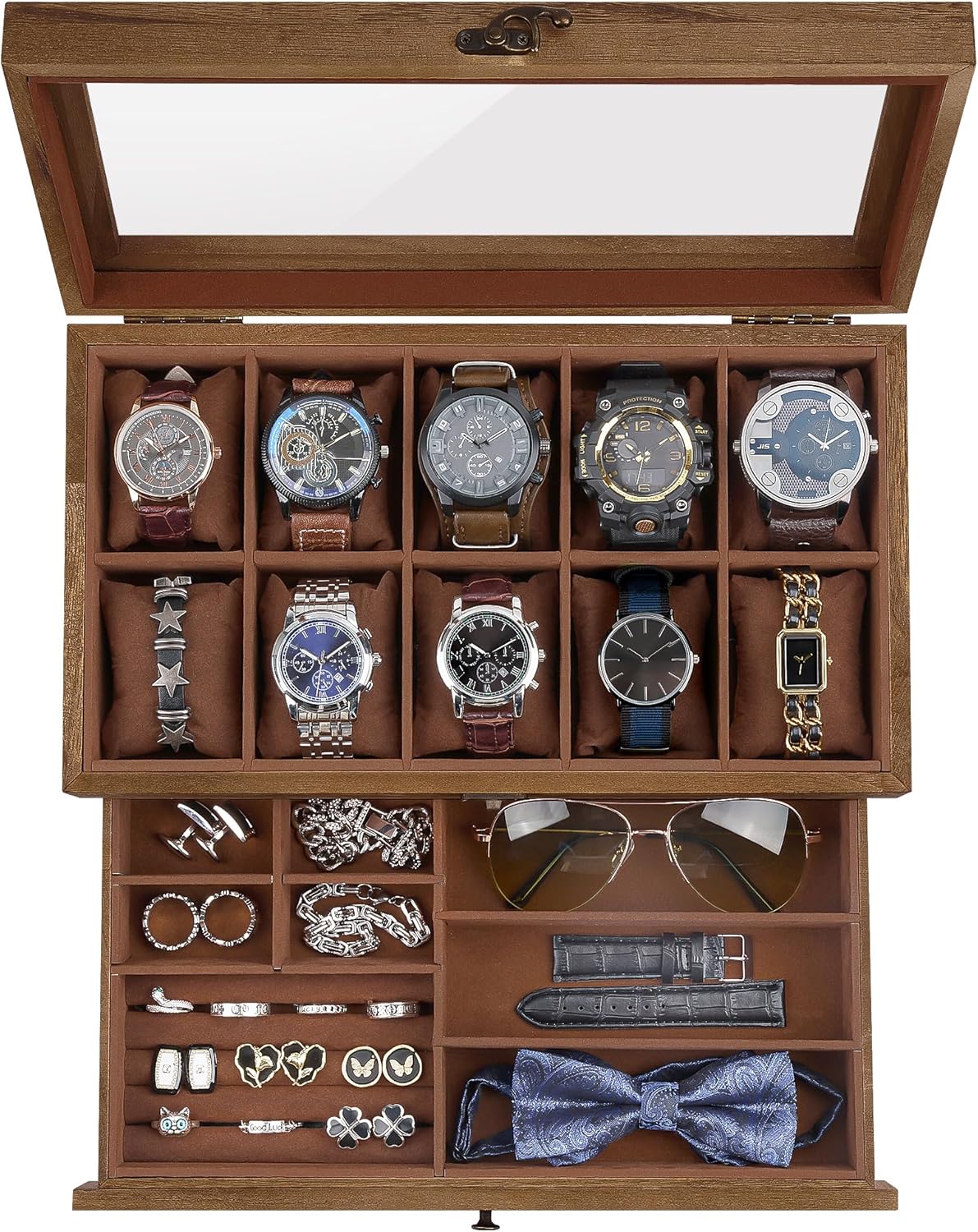 Watch Box with 10 Slots, 2-Tier Watch Case for Large...