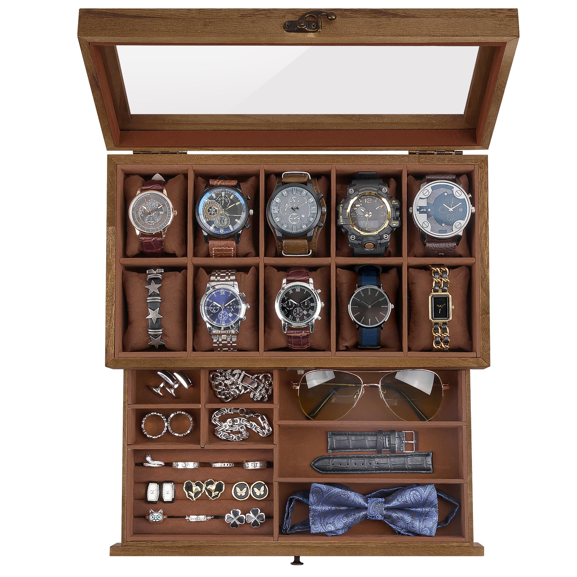 Caja de reloj con 10 ranuras, caja de reloj de 2 niveles para relojes de esfera grande, vitrina de reloj con tapa, almohadas de reloj extraíbles, regalos para hombres y mujeres, organizador