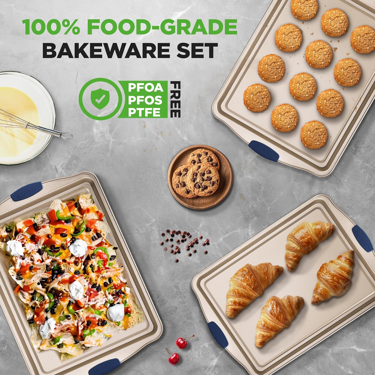 NutriChef Nonstick Baking Pans Set - Carbon Steel Bakeware with Blue Silicone Handles, Even Heat Distribution, Durable & Reliable 3-Piece Cookie Sheet Set in Small, Medium, Large Sizes (Gold)