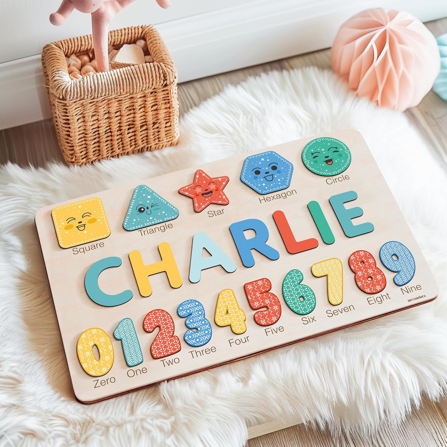 Wooden Name Puzzle Personalized with Numbers & Shapes for Kids 1-3 | 11 Color Themes | Handmade Montessori Toy, Keepsake Decor & Ideal 1st Birthday Gift
