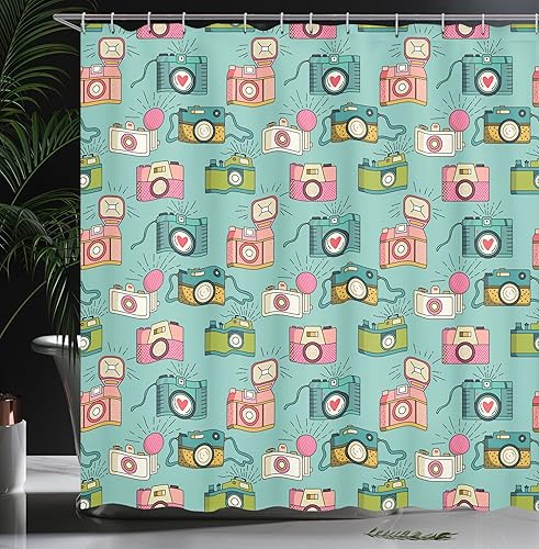 Miniatura 3 de Ambesonne Cortina de ducha retro, diseño hipster alegre con cámaras de fotos analógicas antiguas, equipo de película estilo garabato, juego de