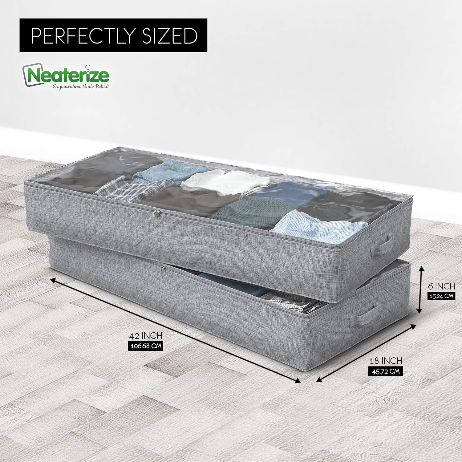 NEATERIZE Storage Box, Large Under Bed Storage Bags, 2-Pack Clothing Organizer, Ultra Thick Fabric, Reinforced Handles & Zipper, Stackable Containers for Bedroom, 42’’ x 18’’ x 6’’, Grey