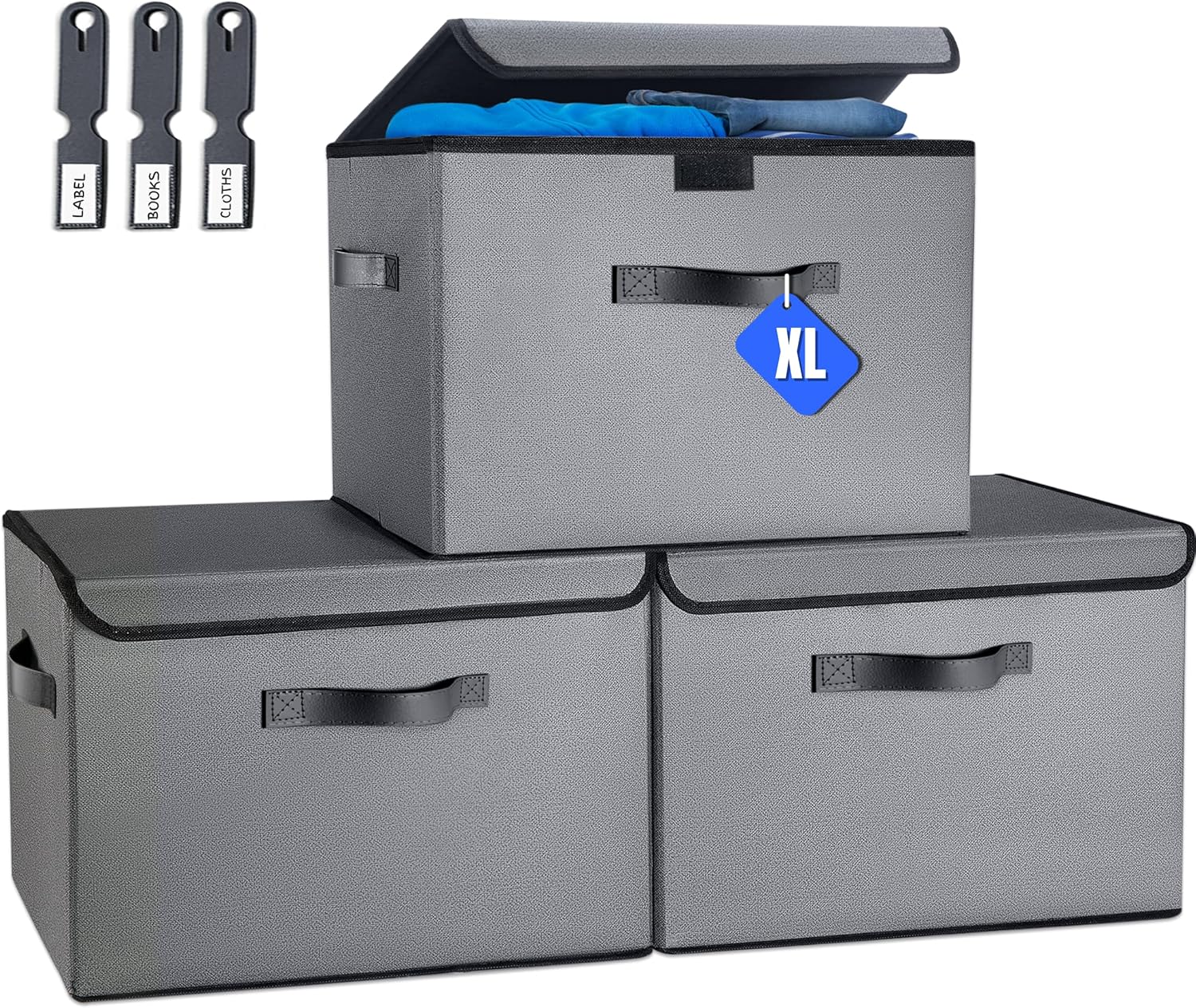 Extra Large 40L 3-Pack Collapsible Storage Bins with Lids, Stackable Storage Bins with Labels, Foldable Closet Linen Storage Box Organizer, Decorative Folding Storage Box Cube Containers, Dark Gray