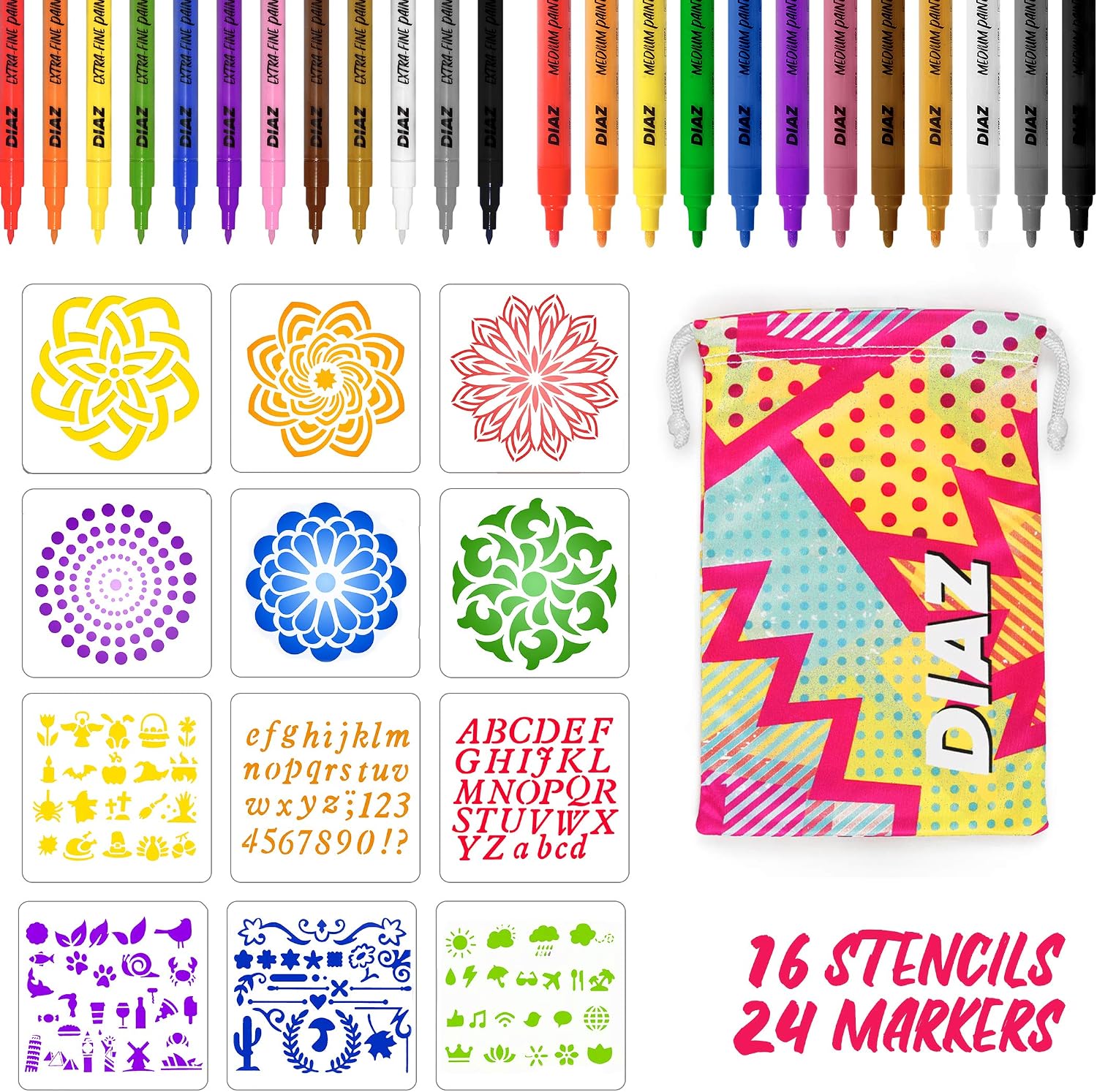 24 Acrylic Paint Pens | 12 Medium Tip + 12 Extra-Fine Tip | Paint Markers Come With FREE Stencils, Carry Case, E-Book | Rock Painting, Stone, Metal, Ceramic, Porcelain, Glass, Wood, Fabric, Canvas