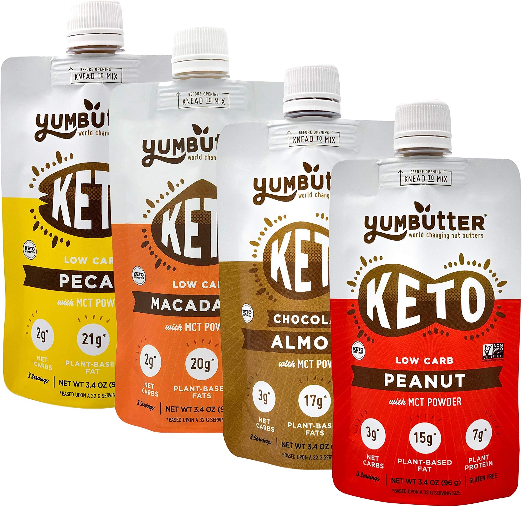 Keto Nut Butter, Variety Pack – Keto Snacks with MCT Oil, Fat Bomb Low Carb Snacks (2-3 Net Carbs), On-the-go Keto Food by Yumbutter, 3.4oz pouch, 4 pack