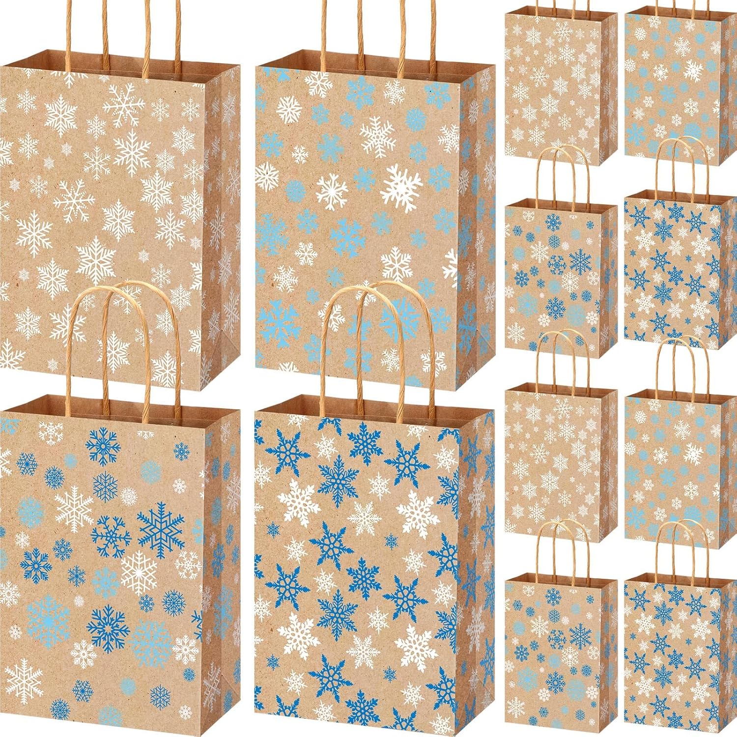 Yexiya 24 Pack Blue & White Snowflake Kraft Paper Gift Bags with Handles Winter Snowflake Candy Goodie Bags for Christmas Holiday Party Favor Supplies