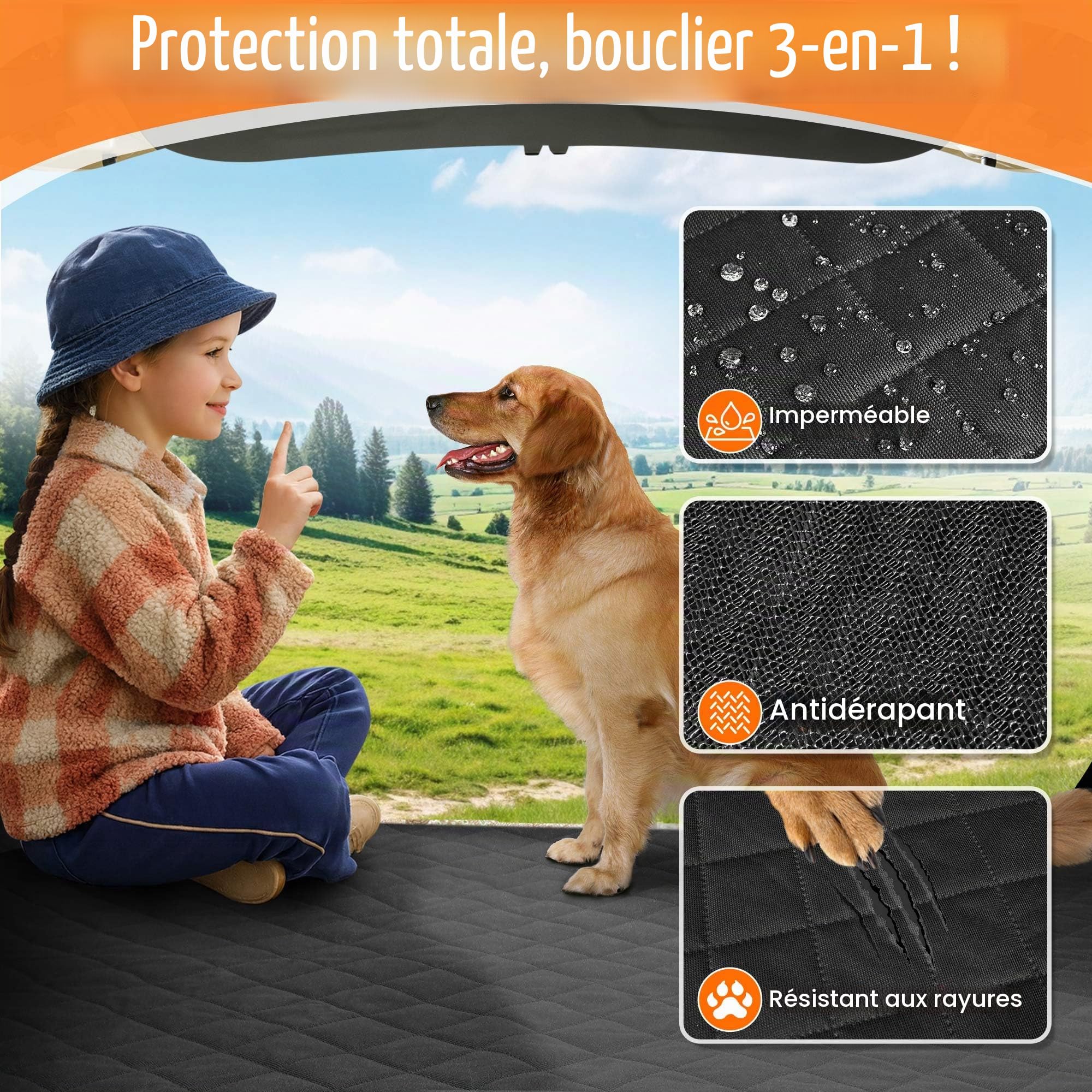 Protection Coffre Voiture Chien - Tapis de Coffre Voiture avec Protection Latérale et Pare-Chocs Arrière,Imperméable & Anti-Rayures & Entretien Facile,Housse Siege avec 2 Grandes Poches