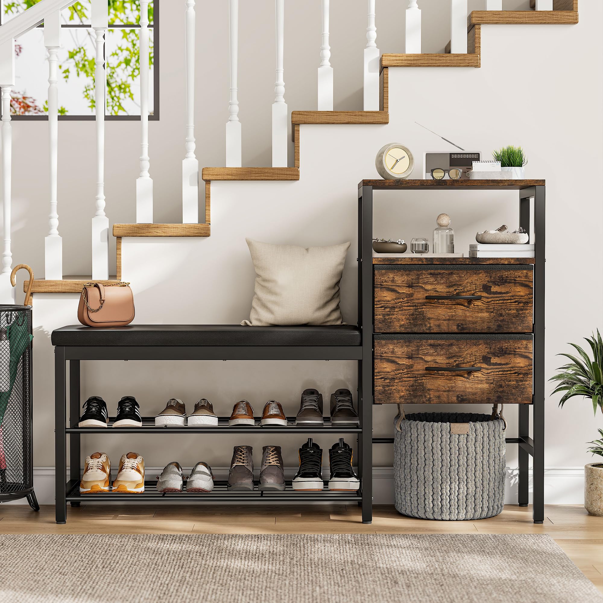 Gyfimoie Schuhschrank mit Sitzgelegenheit und Schublade, 2 Ebenen Schuhregal, Metallrahmen für Eingang Flur