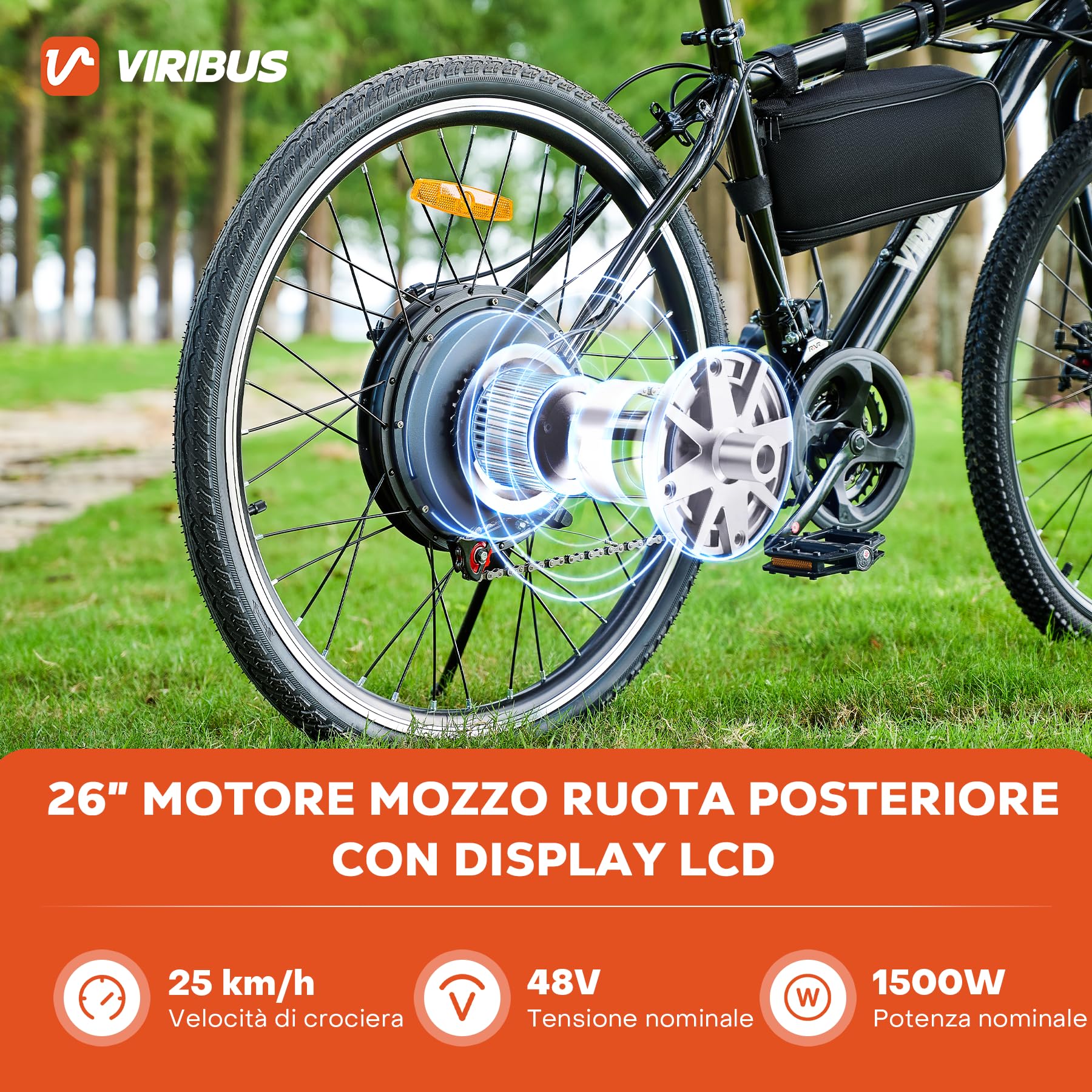 Viribus 500W/1000W/1500W Kit Conversione Bici Elettrica 36V/48V con Ruota da 26/28 Pollici Set Motore del Mozzo con LCD Sensore di Assistenza Pedalata