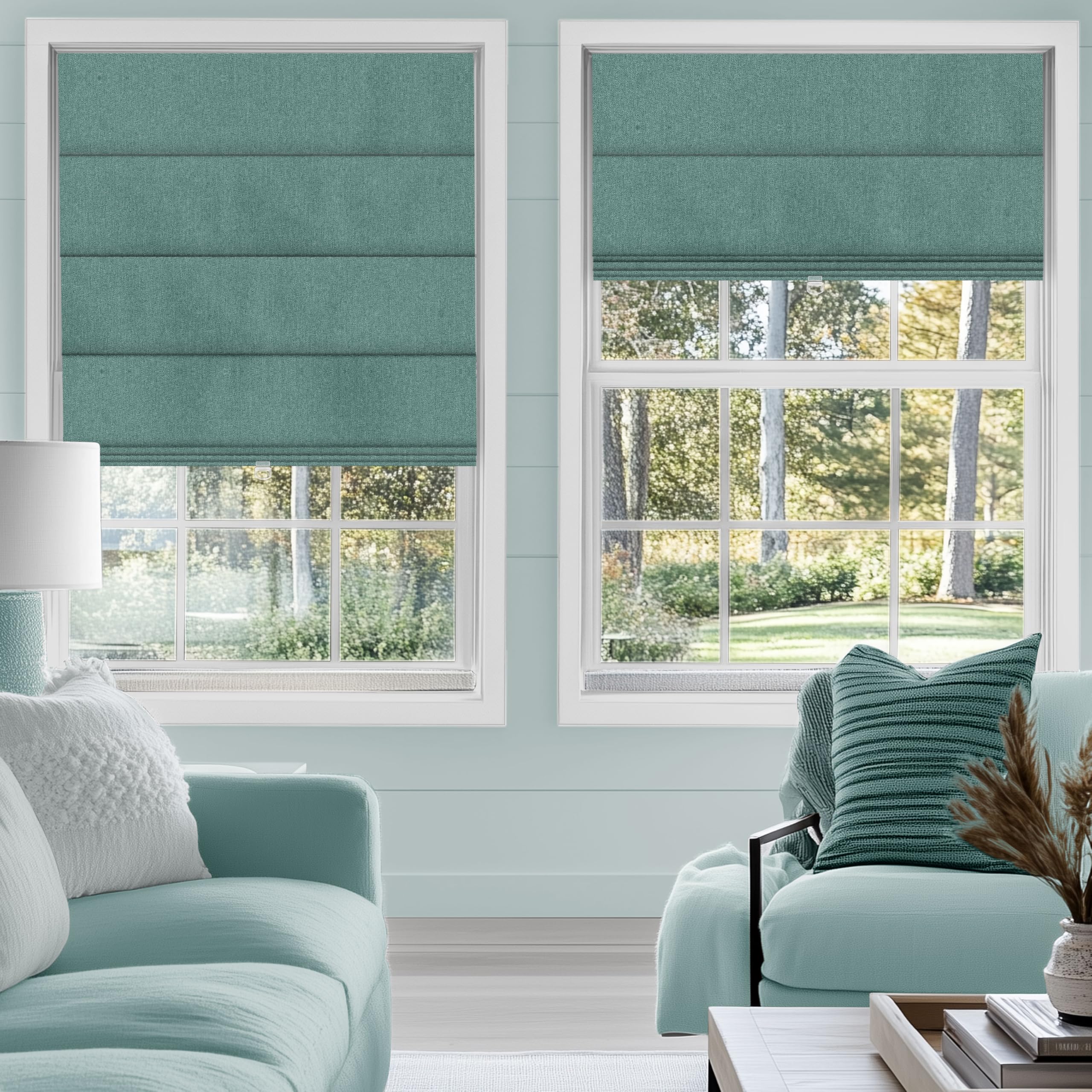Sulugood Cordless Roman Shades for Windows Blackout Roman Blinds,Room Darkening Thermal Insulated Window Shades for Home Living Room Bedroom, Blackout - Green Custom Size