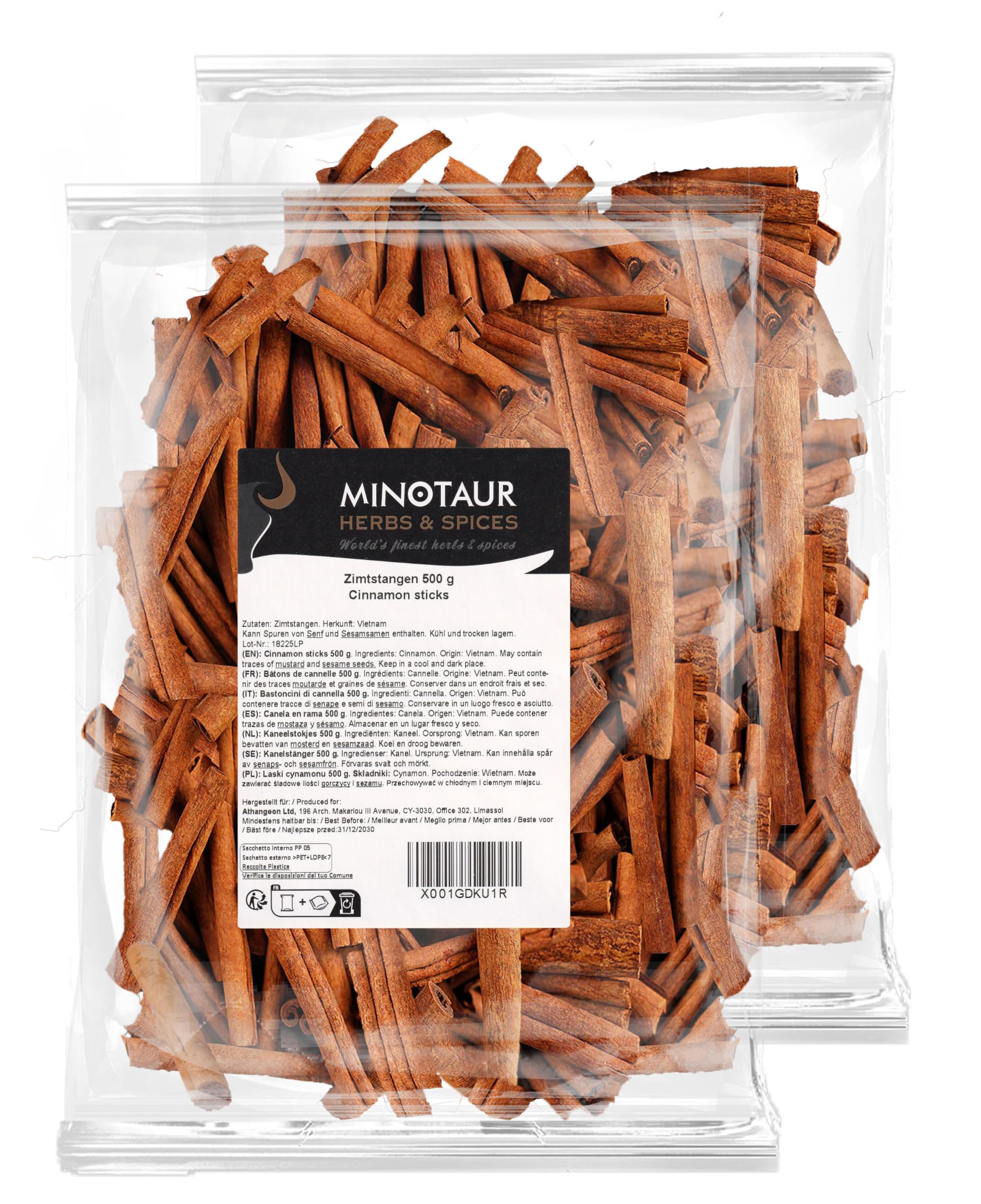 Minotaur Spices | Bâtons de cannelle 2 x 500 g (1 Kg) | env. 160-170 pièces | env. 8 cm de long
